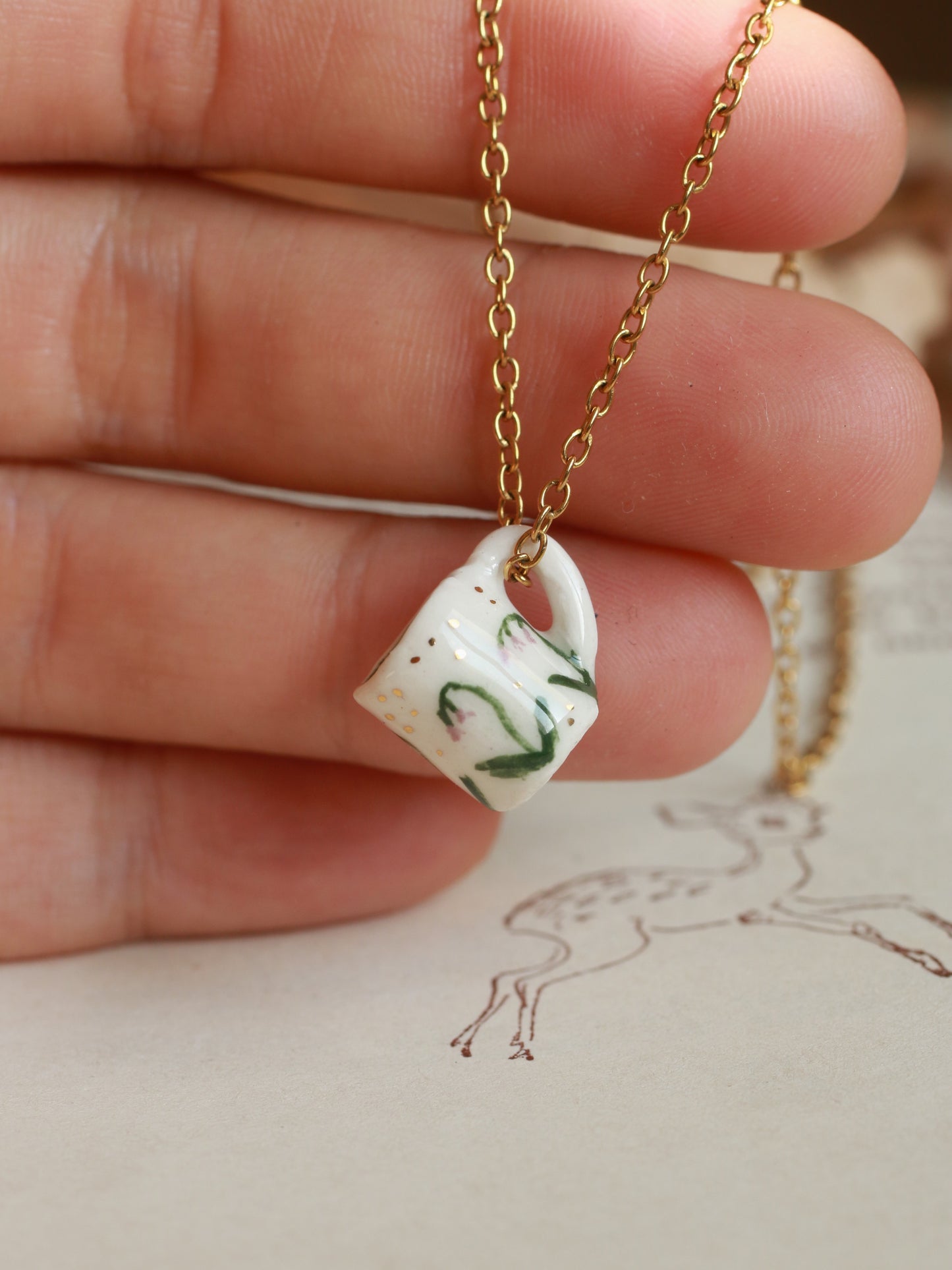 Tiny cup necklace - lily of the valley mug