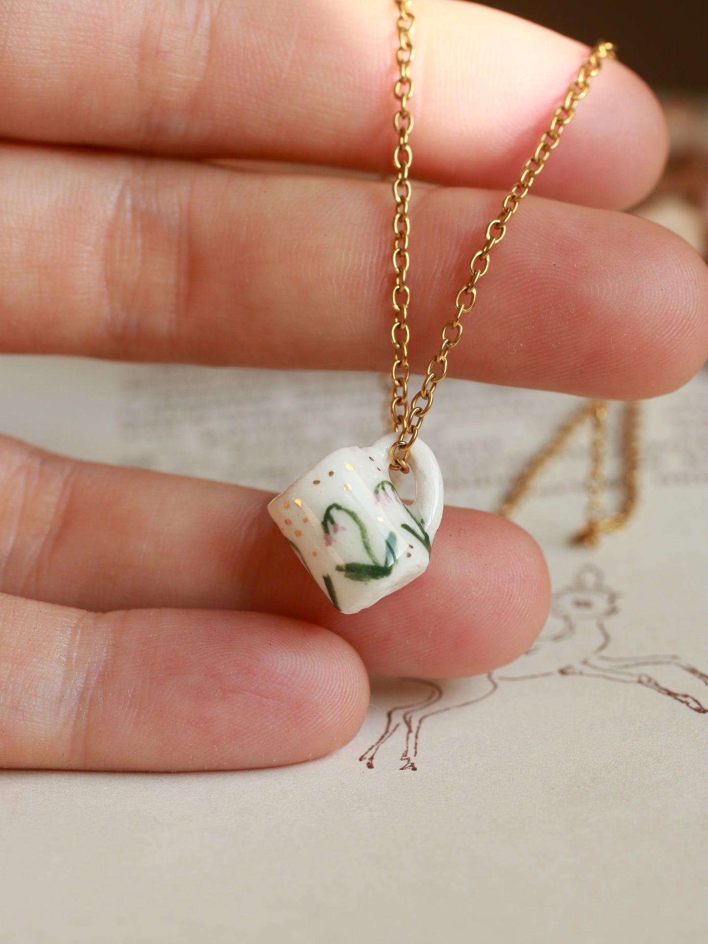 Tiny cup necklace - lily of the valley mug