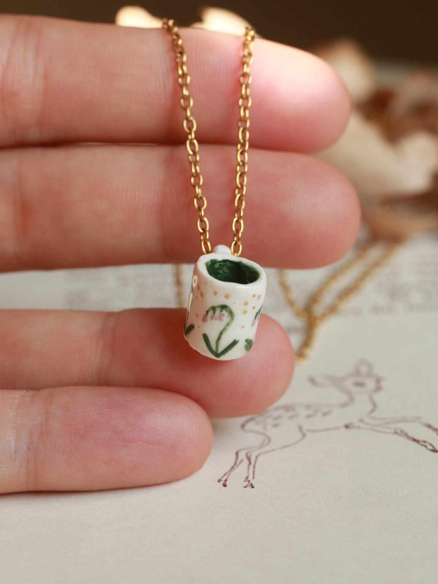 Tiny cup necklace - lily of the valley mug