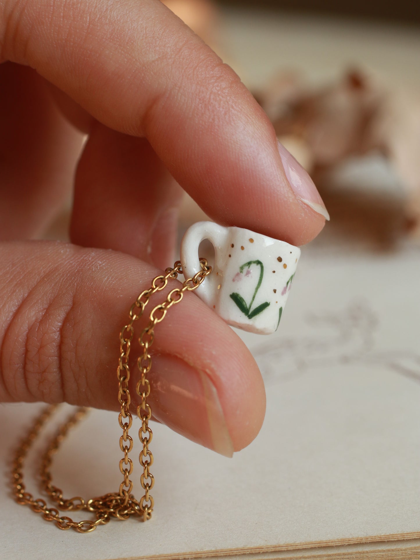 Tiny cup necklace - lily of the valley mug