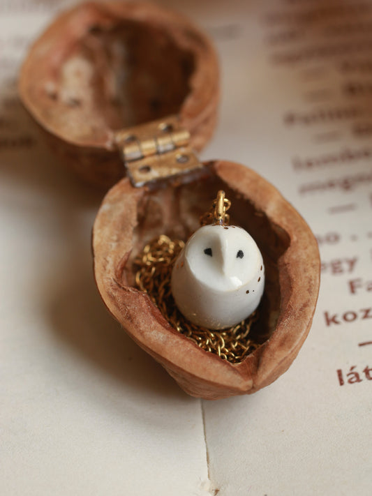 Baby barn owl necklace in a nutshell box