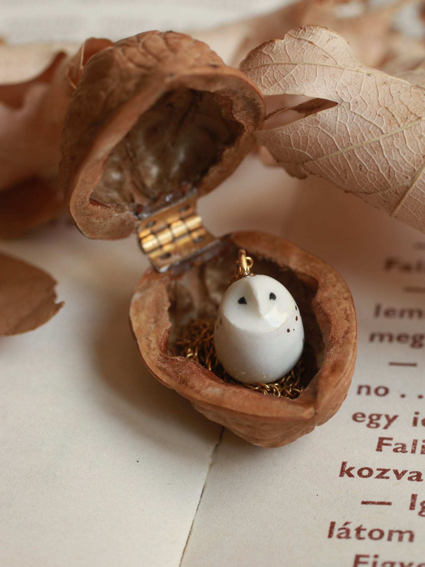 Baby barn owl necklace in a nutshell box