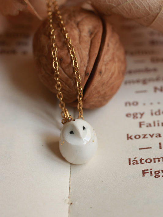 Baby barn owl necklace in a nutshell box