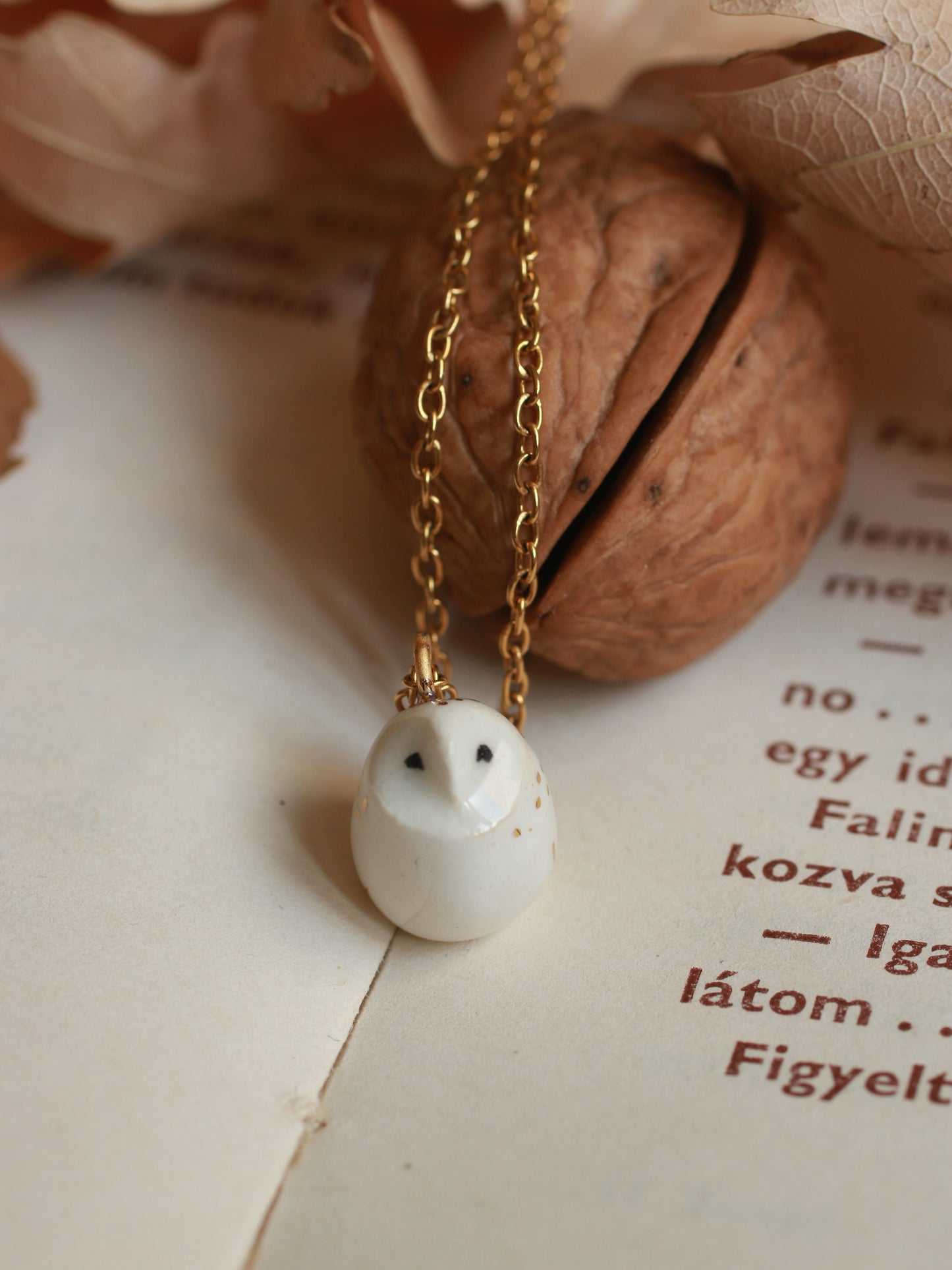 Baby barn owl necklace in a nutshell box