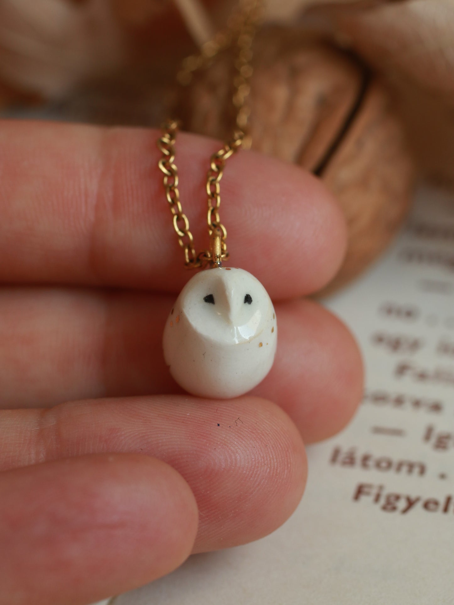 Baby barn owl necklace in a nutshell box