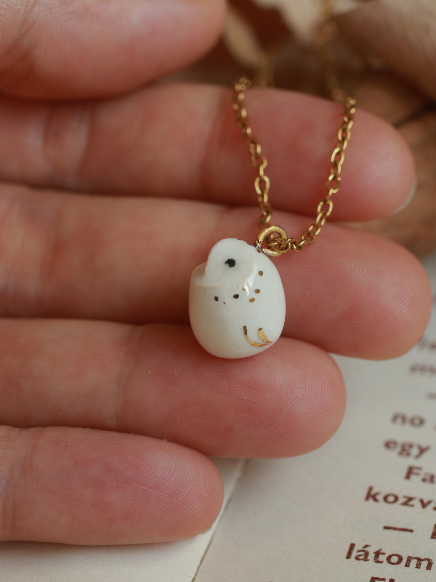 Baby barn owl necklace in a nutshell box