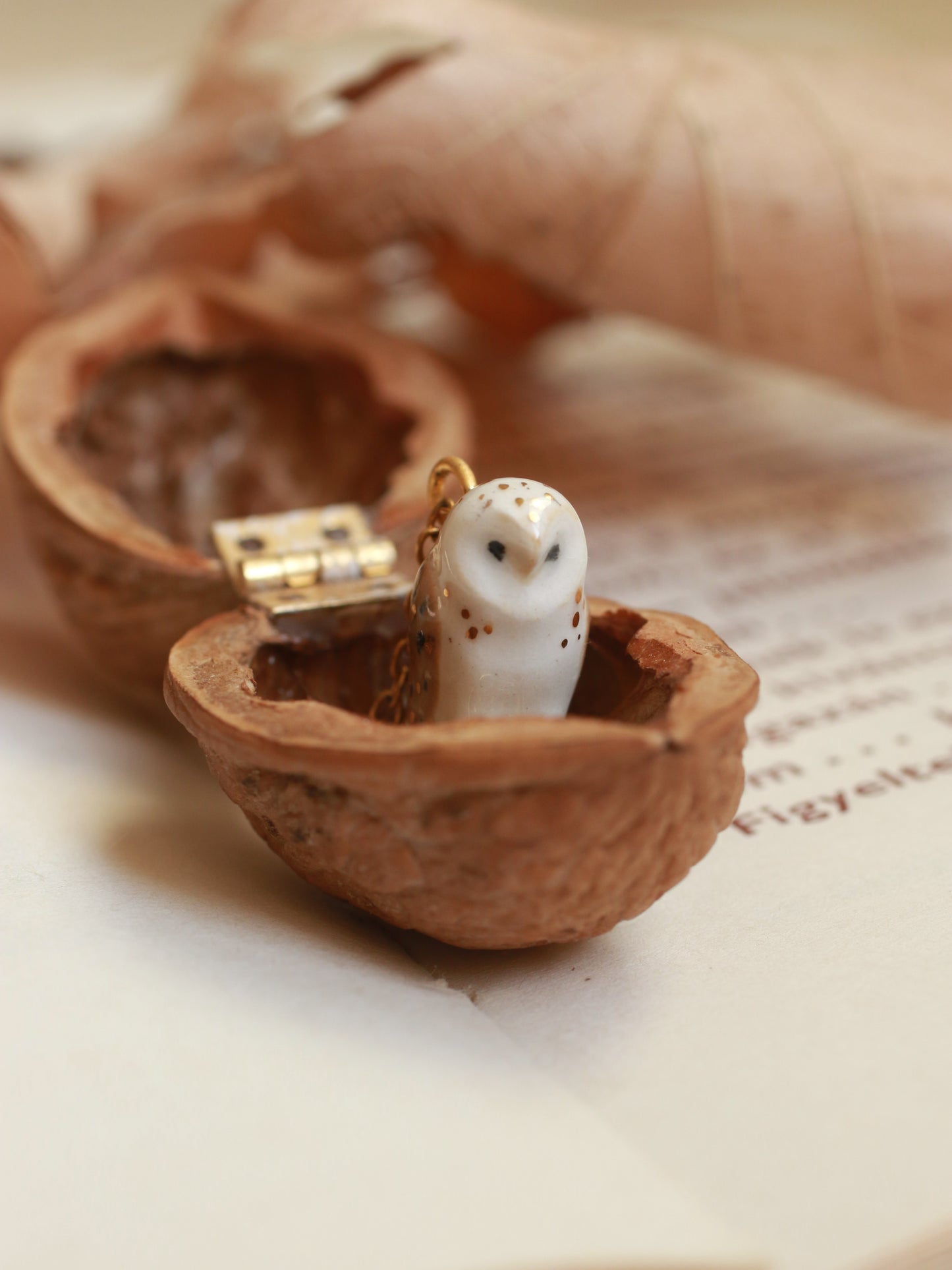 Barn owl necklace in a nutshell box - gold details