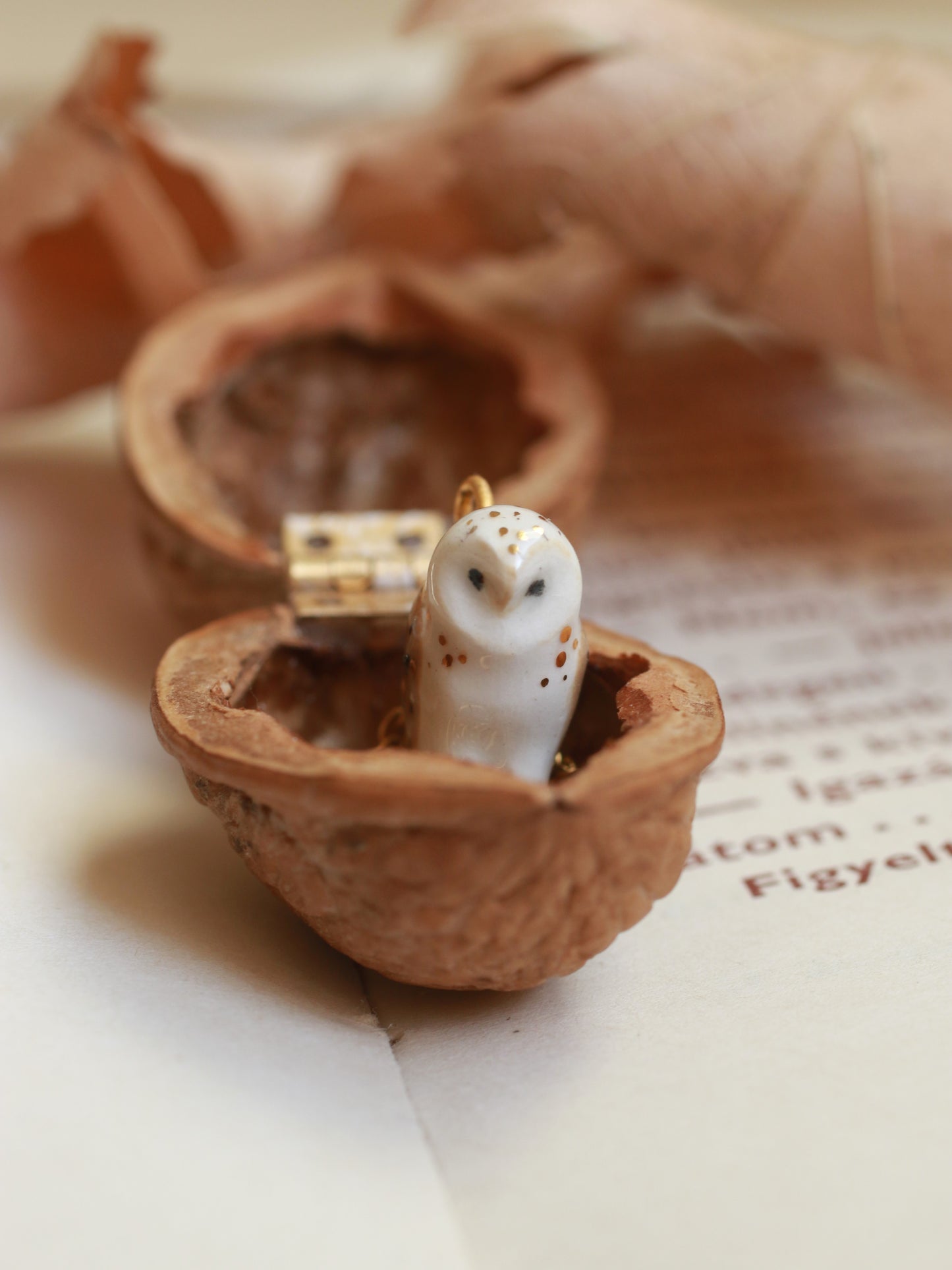 Barn owl necklace in a nutshell box - gold details