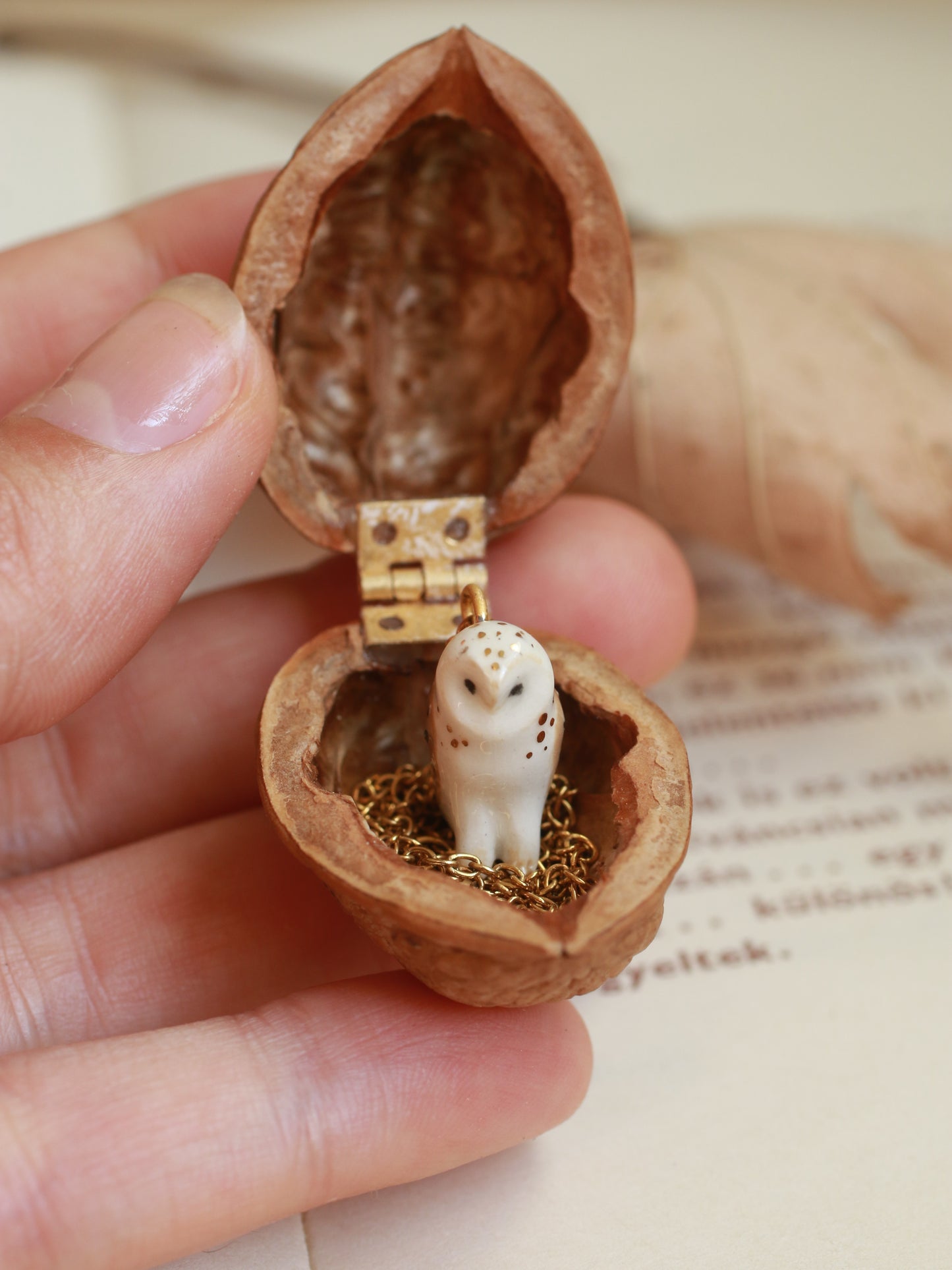 Barn owl necklace in a nutshell box - gold details