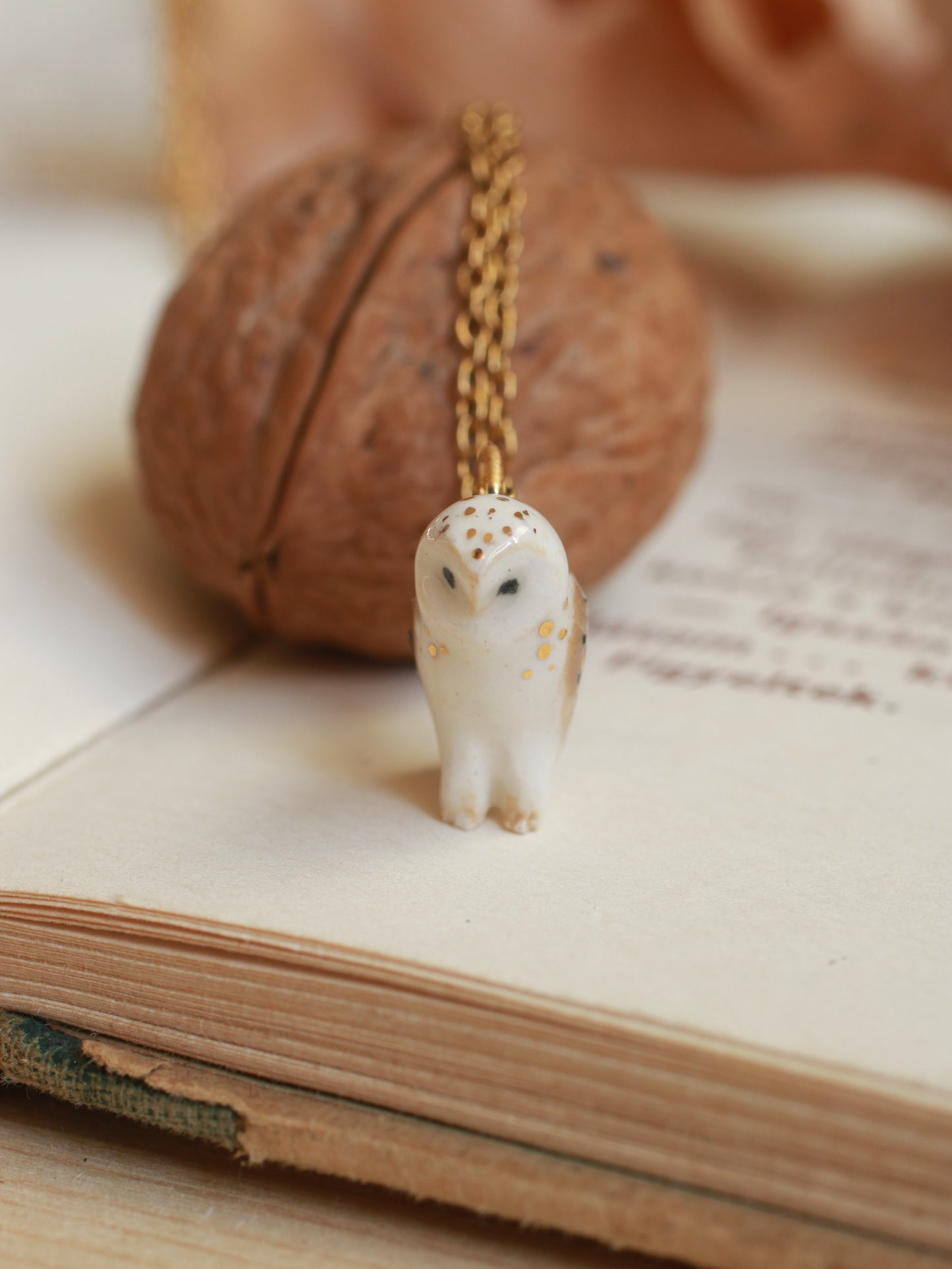 Barn owl necklace in a nutshell box - gold details