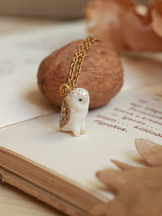 Barn owl necklace in a nutshell box - gold details