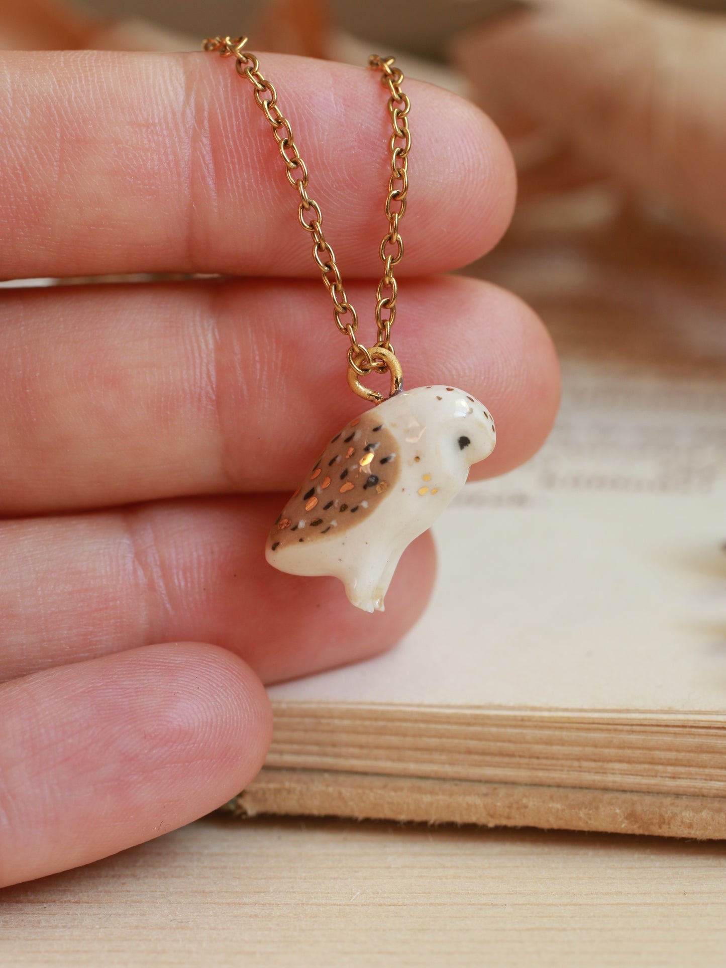 Barn owl necklace in a nutshell box - gold details