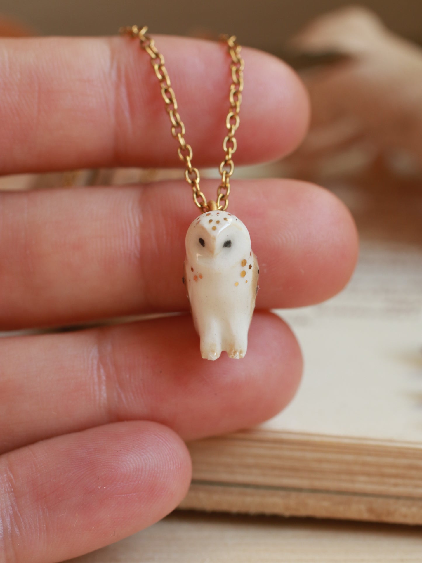 Barn owl necklace in a nutshell box - gold details