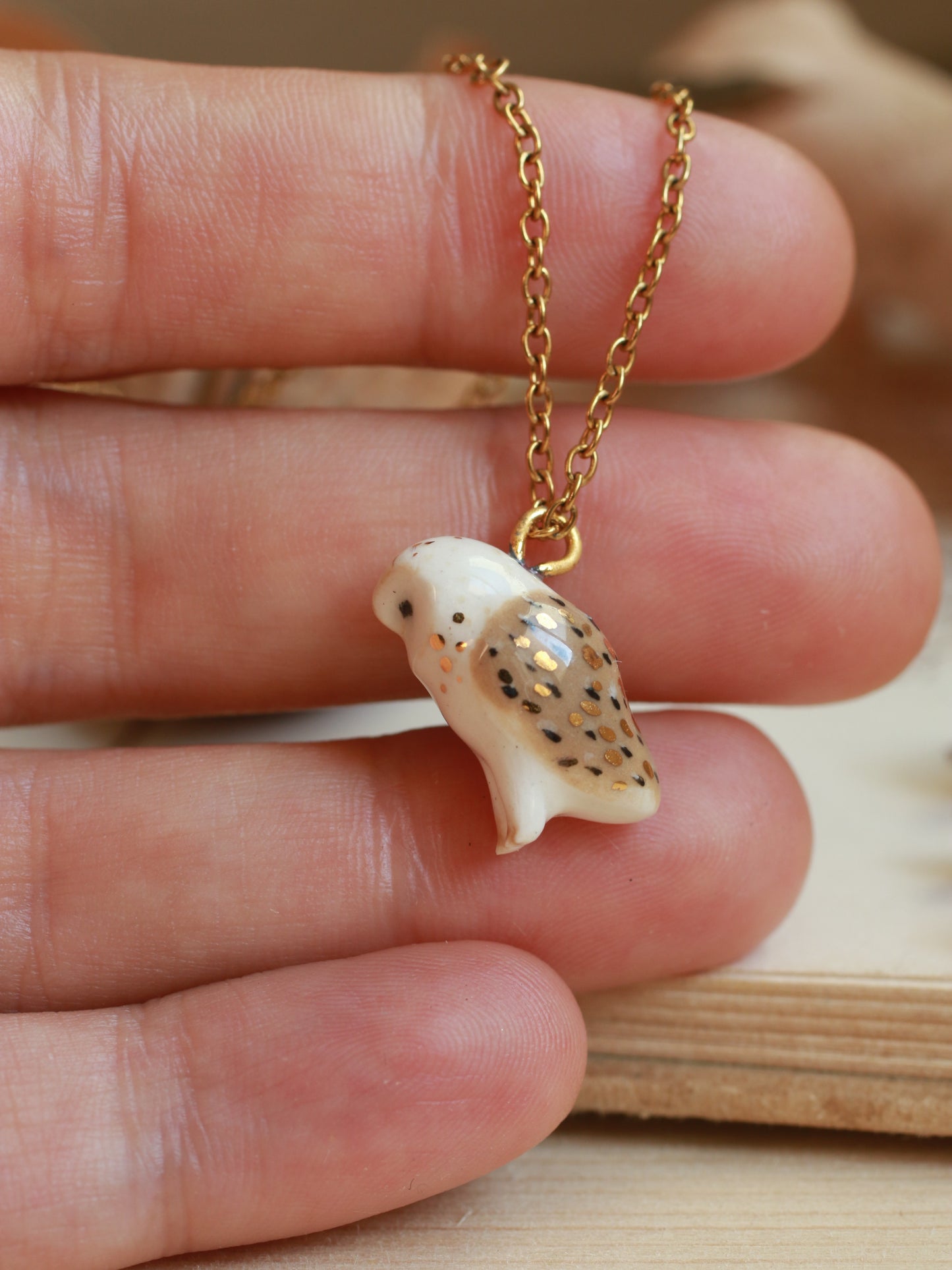 Barn owl necklace in a nutshell box - gold details