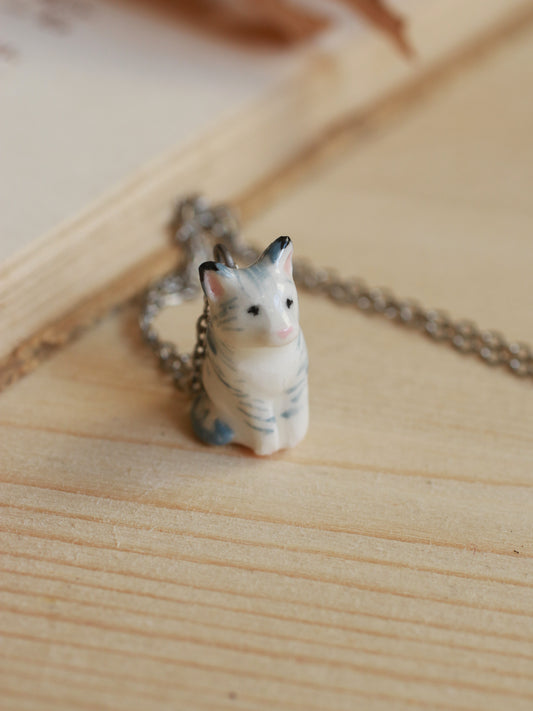 Grey tabby cat necklace - silver details