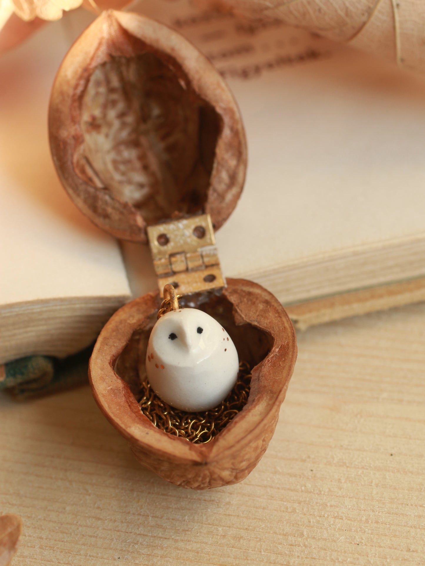 Baby barn owl necklace in a nutshell box