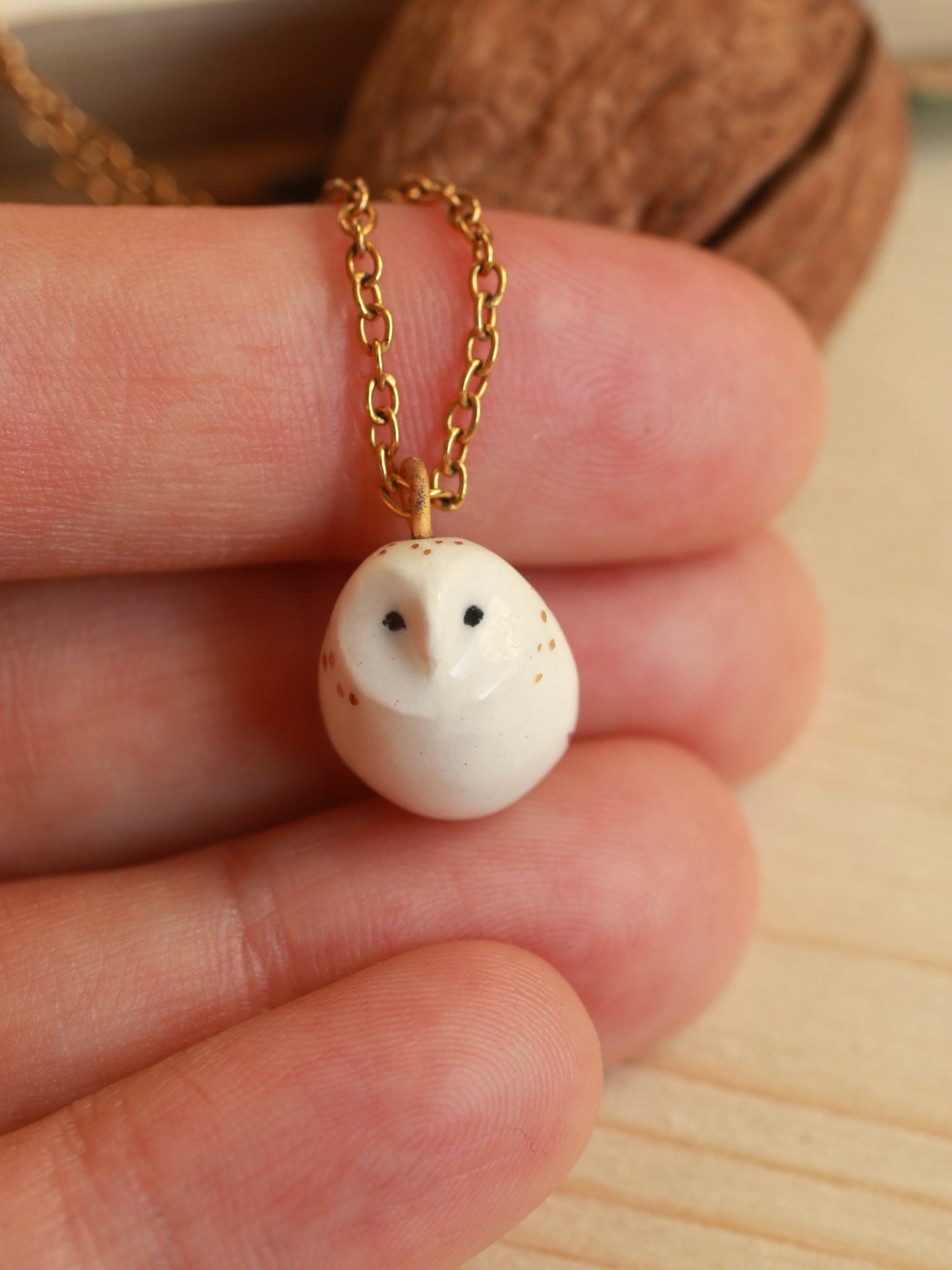 Baby barn owl necklace in a nutshell box