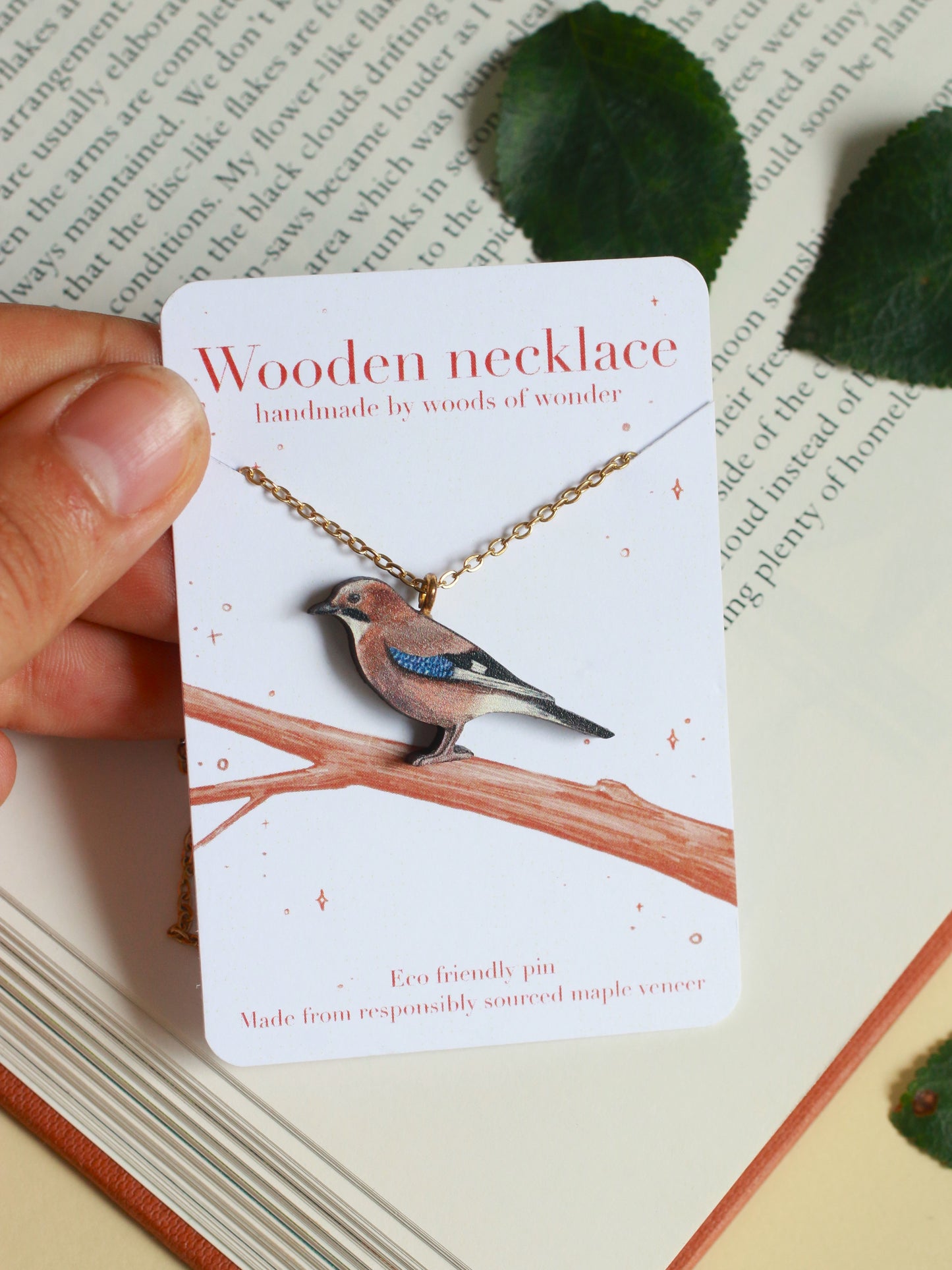 Jay necklace - wooden bird jewelry