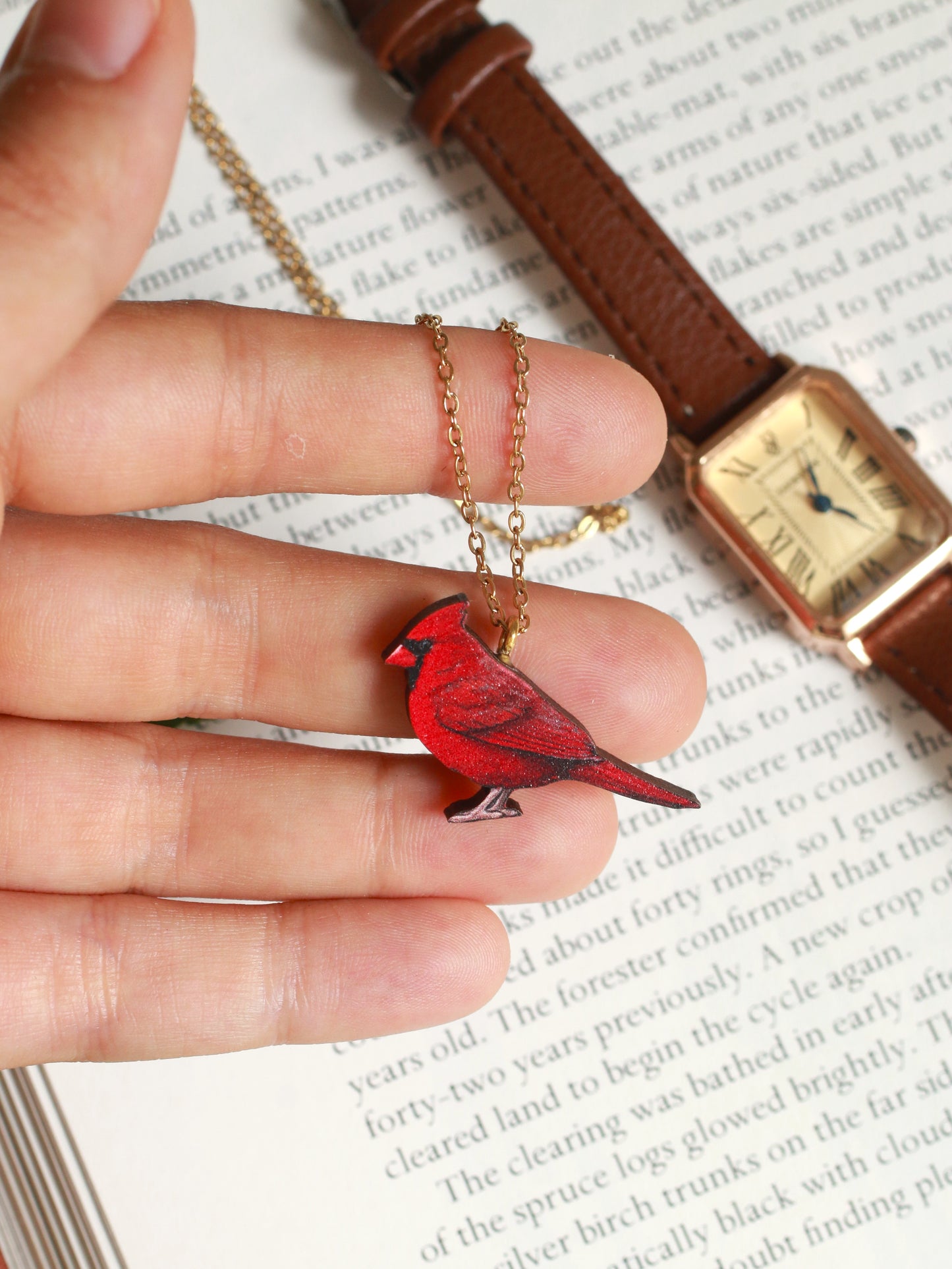 Red cardinal necklace - wooden bird jewelry