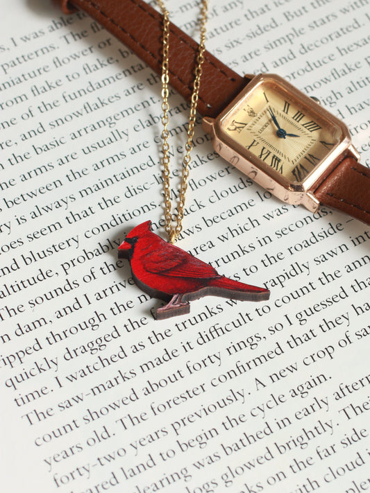 Red cardinal necklace - wooden bird jewelry