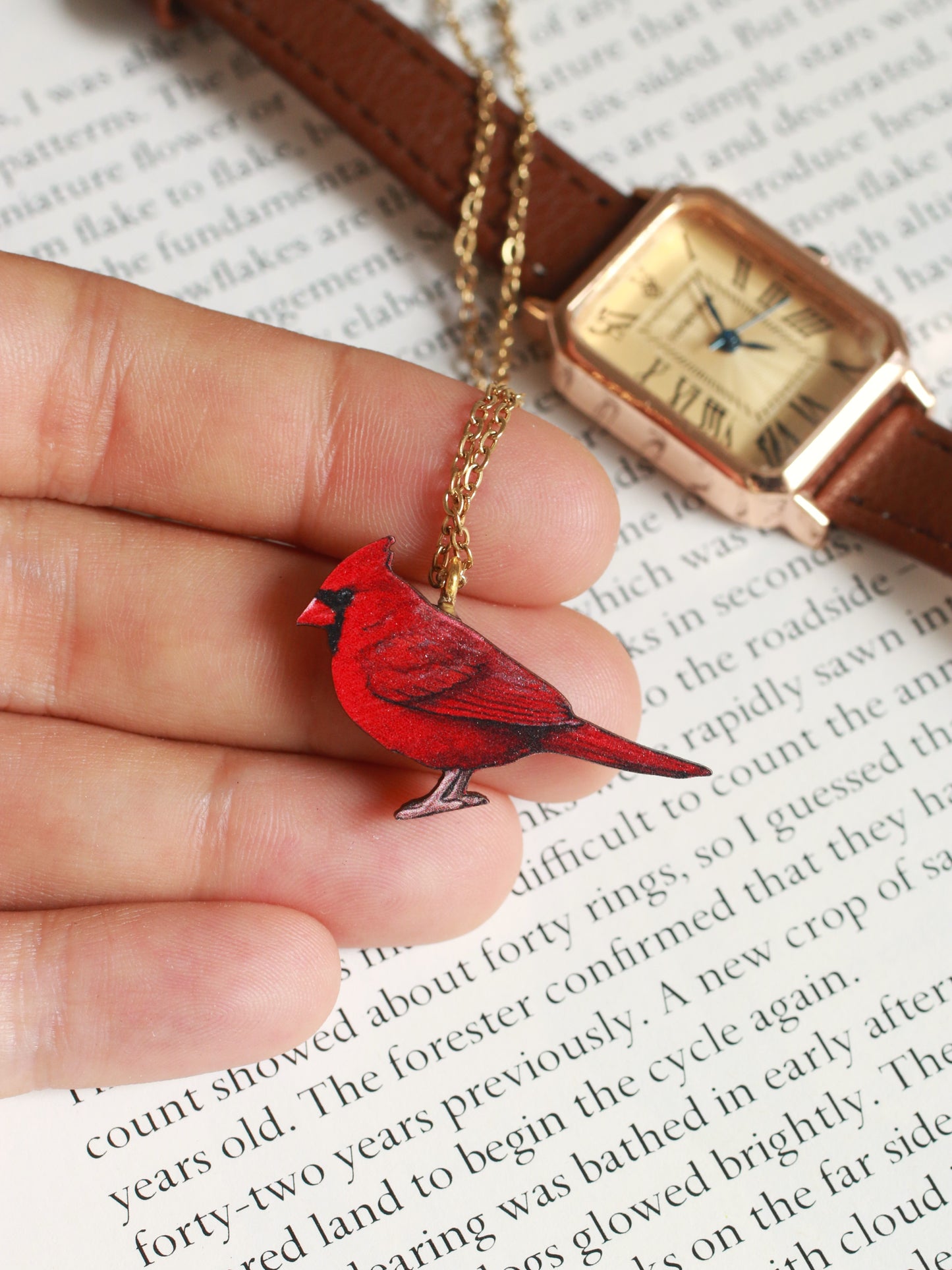 Red cardinal necklace - wooden bird jewelry