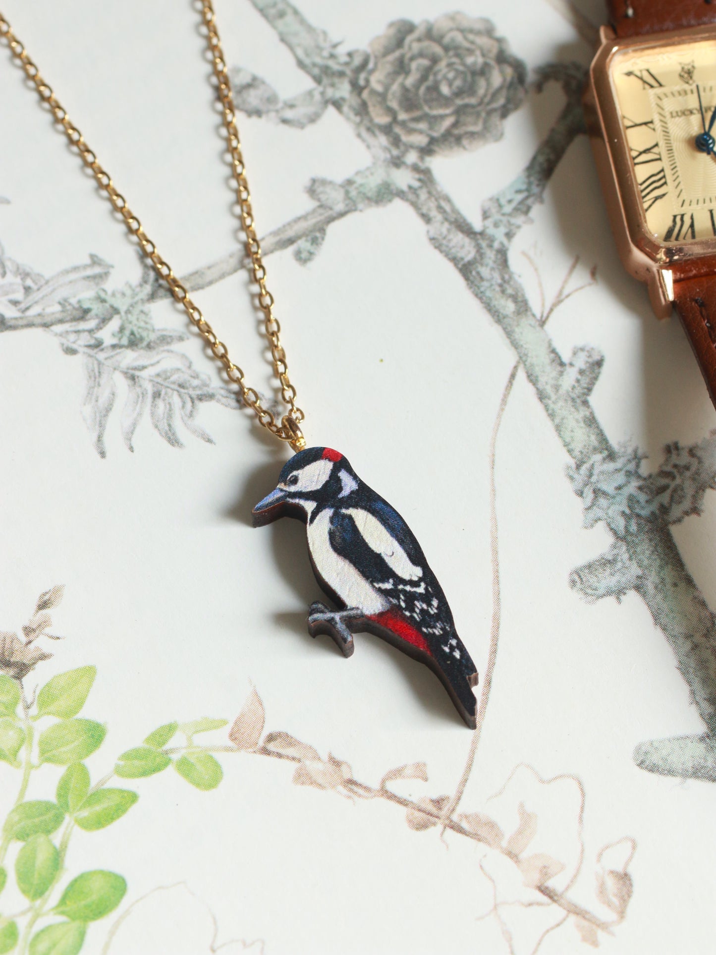 Woodpecker necklace - wooden bird pendant