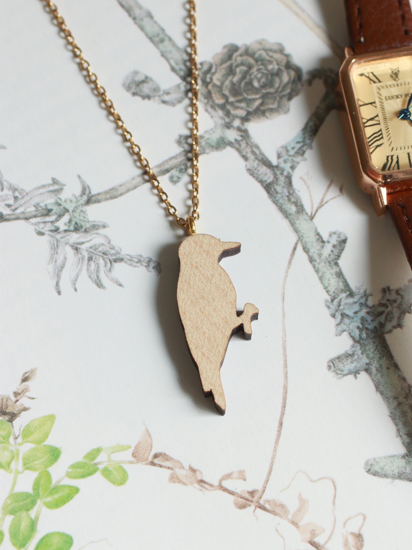 Woodpecker necklace - wooden bird pendant