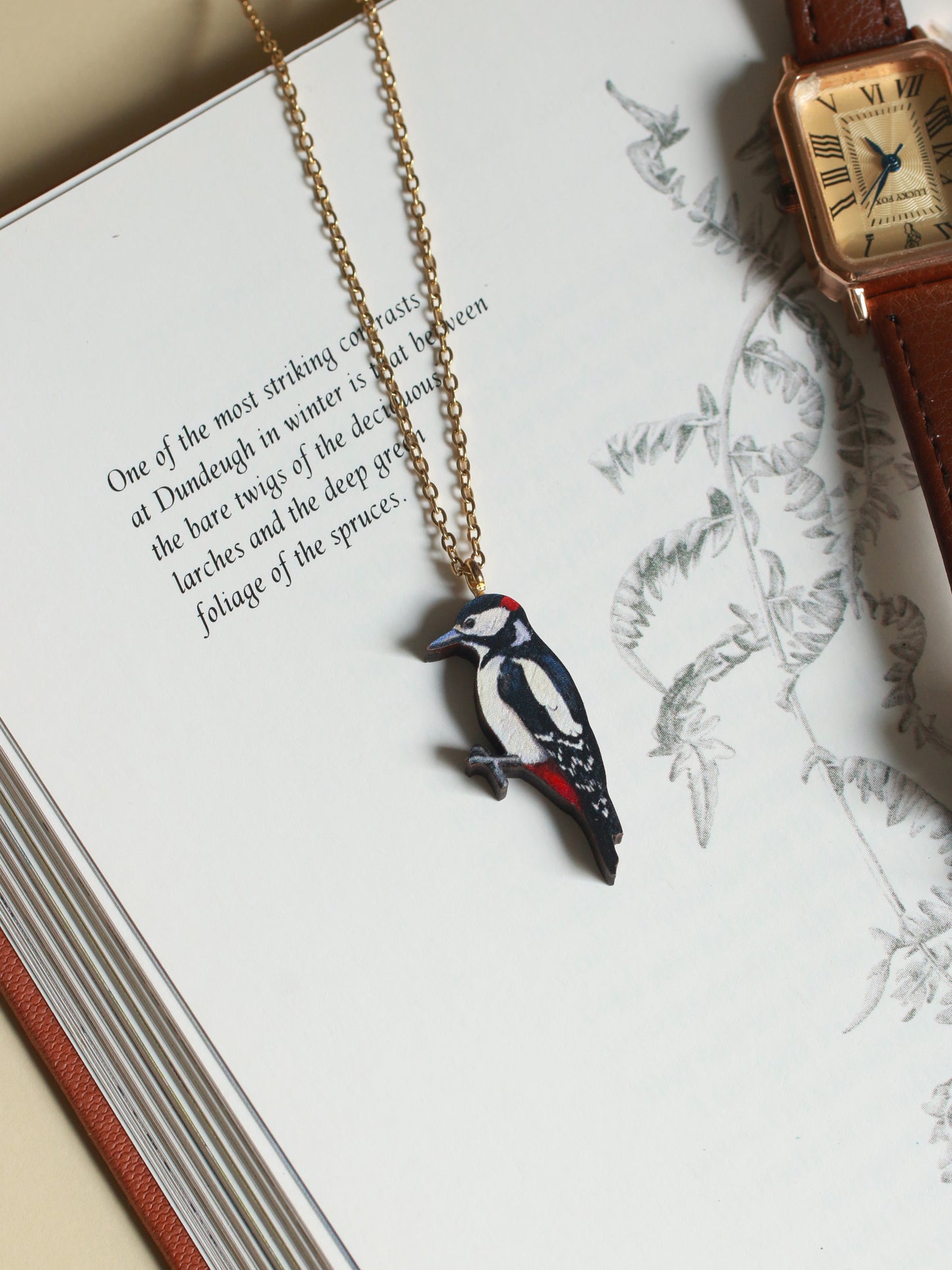 Woodpecker necklace - wooden bird pendant