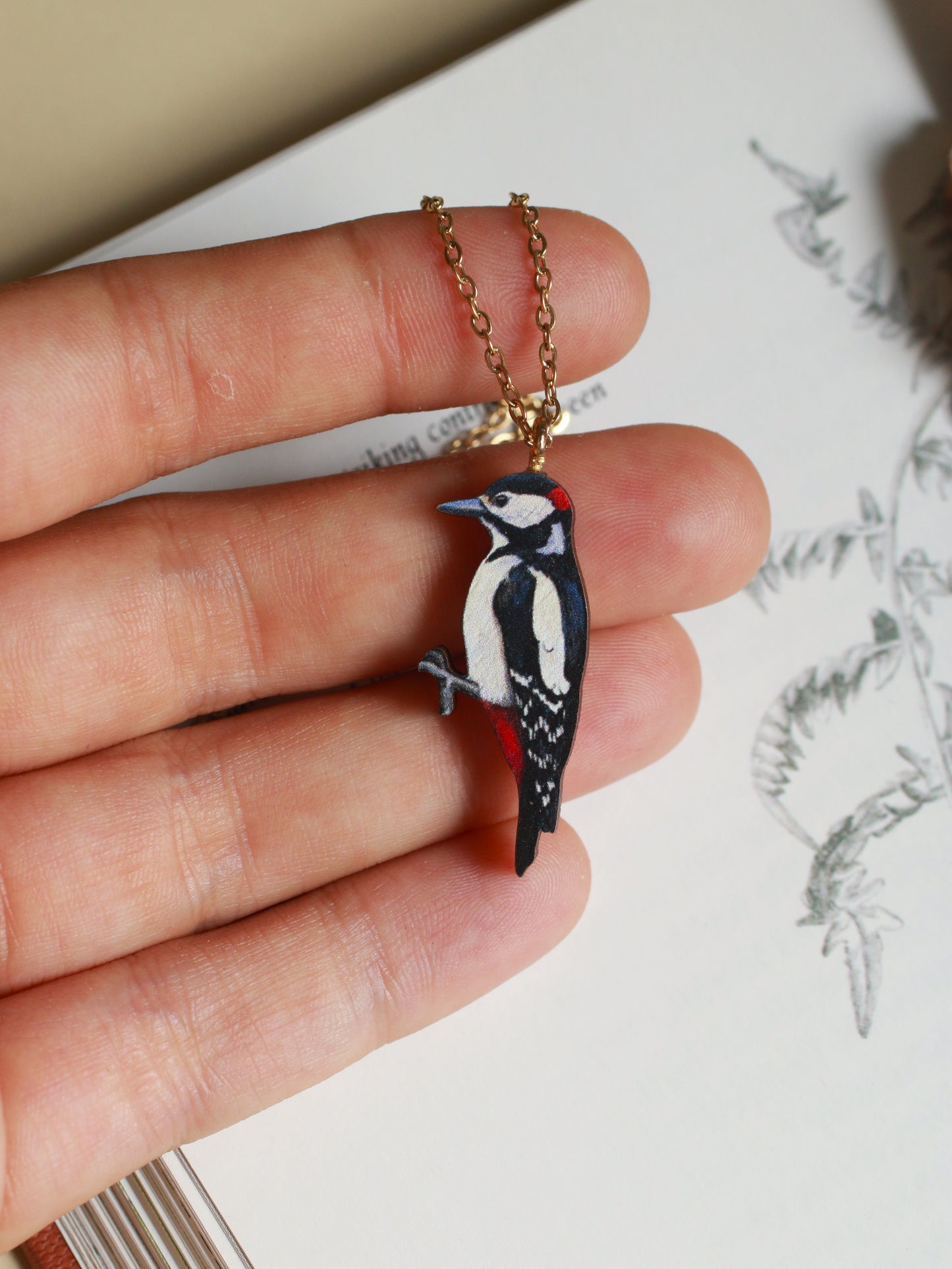 Woodpecker necklace - wooden bird pendant