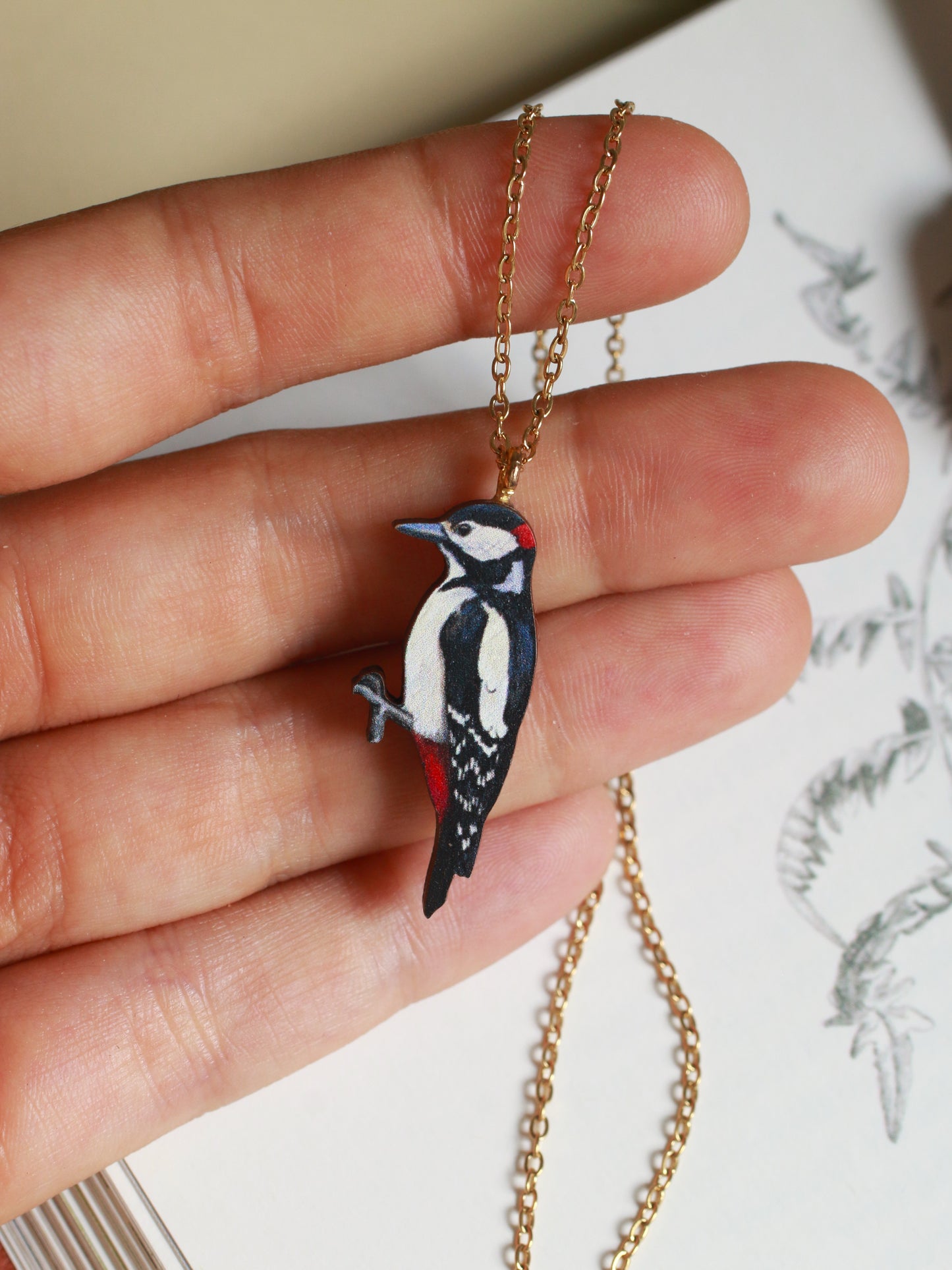 Woodpecker necklace - wooden bird pendant