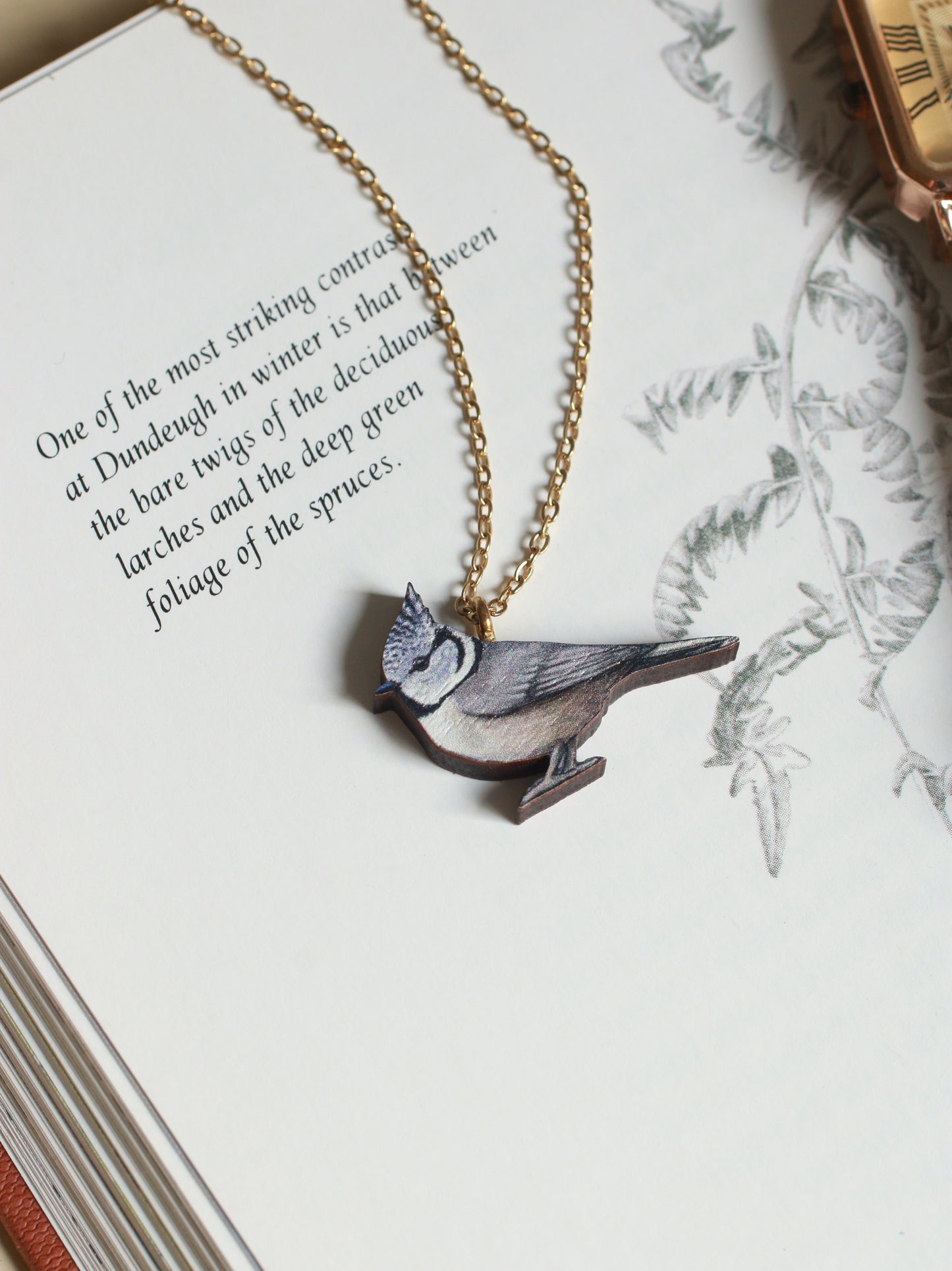 Crested tit necklace - wooden bird pendant