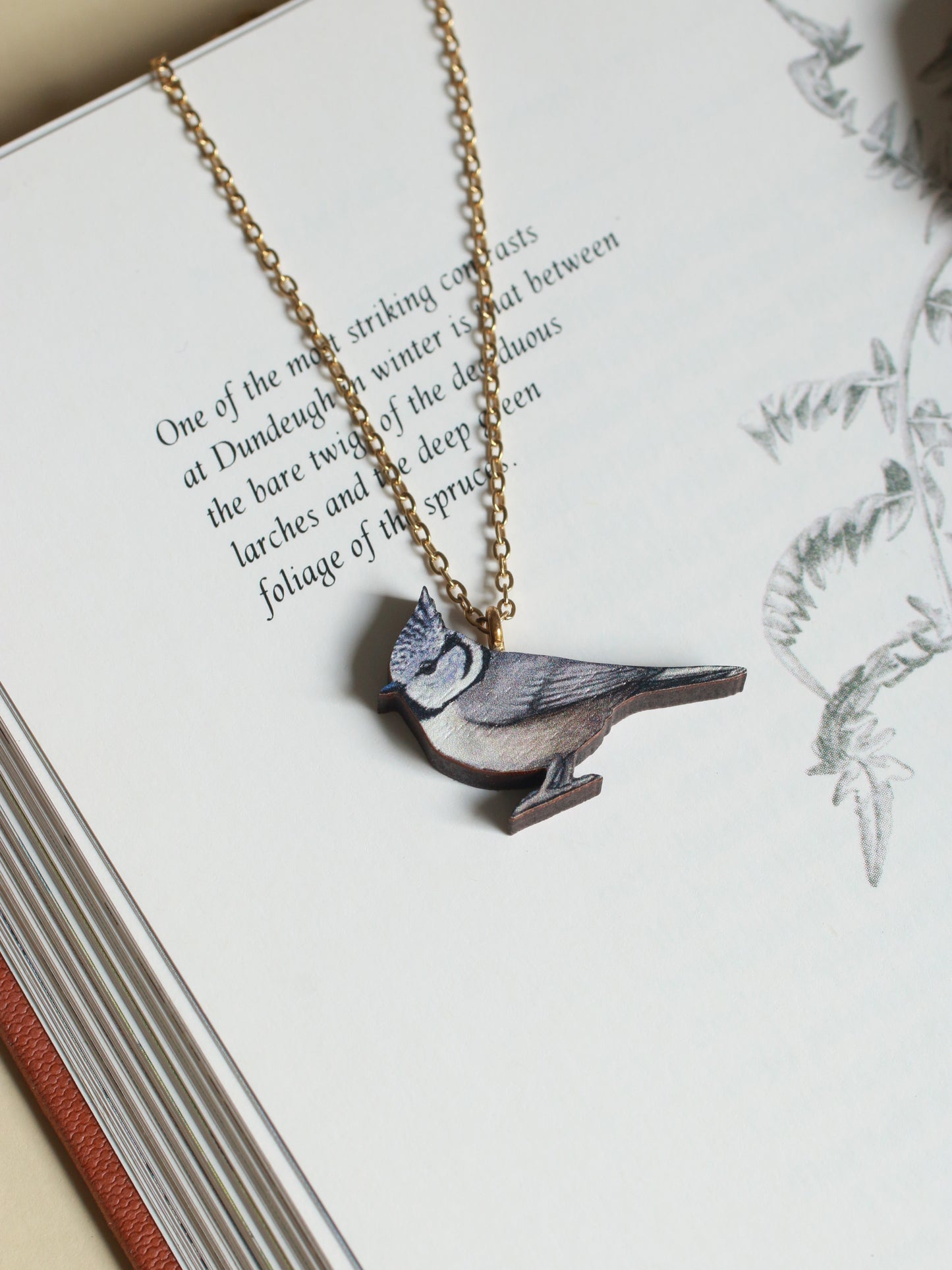 Crested tit necklace - wooden bird pendant