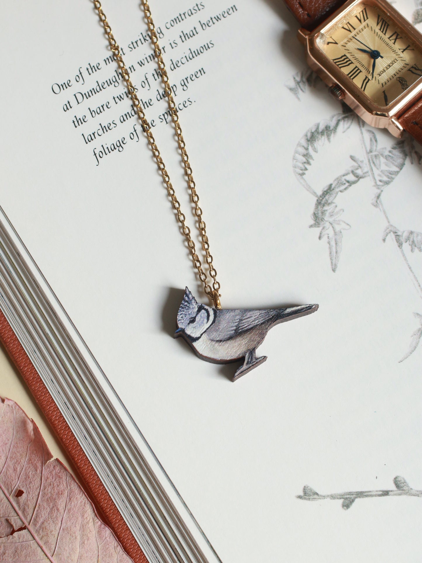 Crested tit necklace - wooden bird pendant