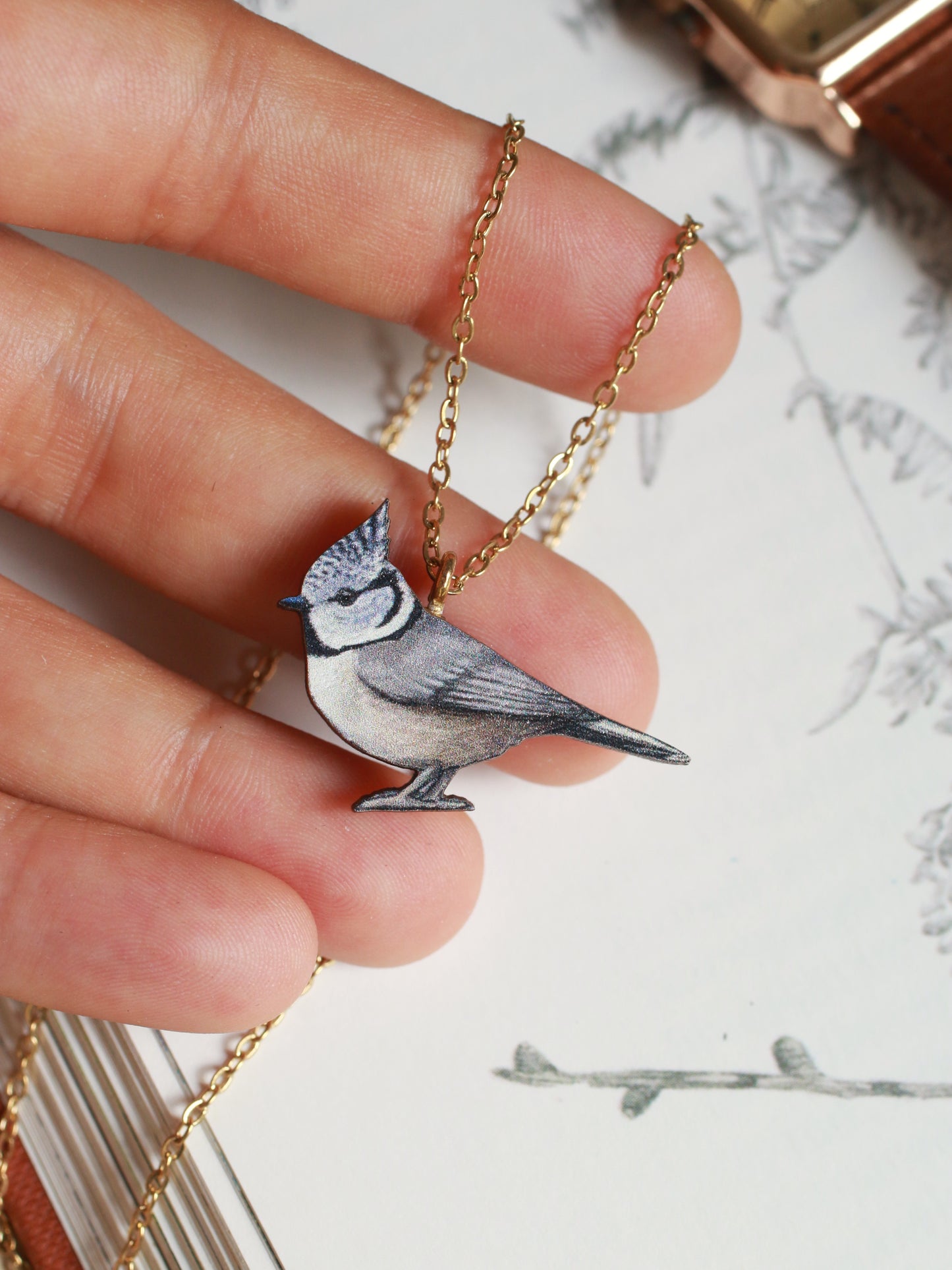 Crested tit necklace - wooden bird pendant