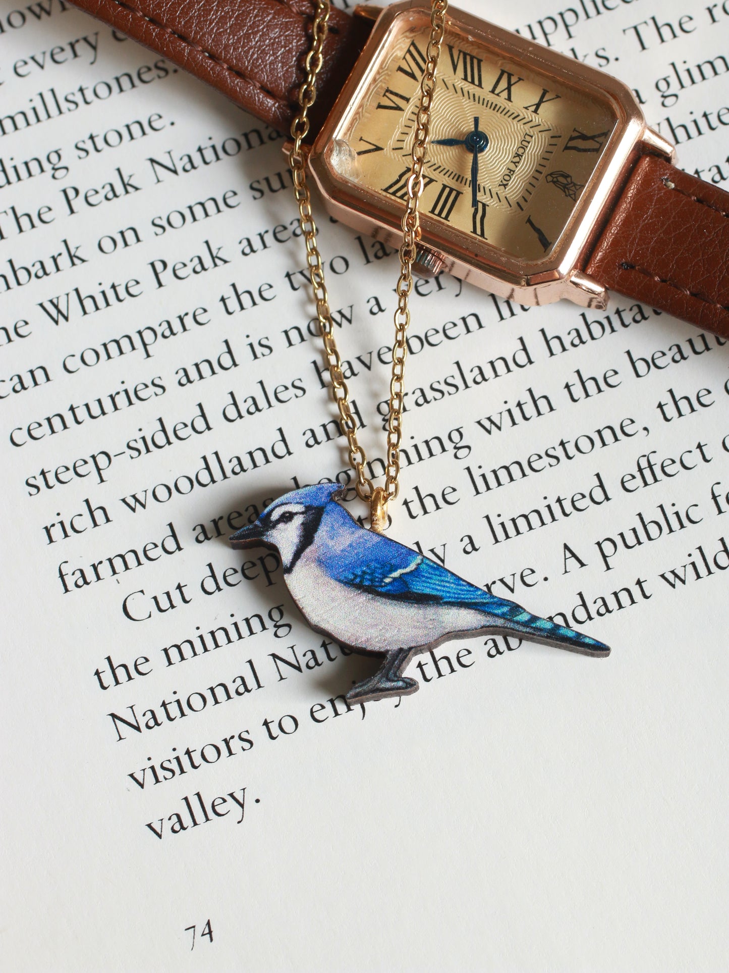 Blue jay necklace - wooden bird pendant