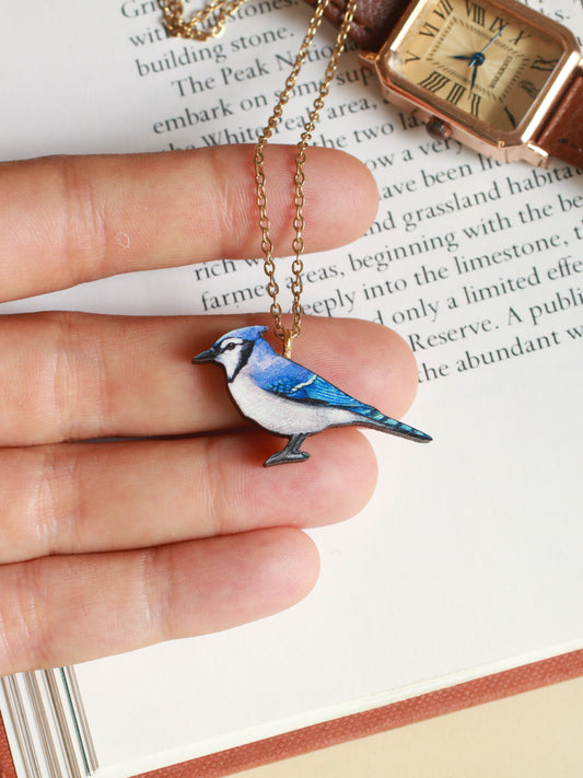 Blue jay necklace - wooden bird pendant