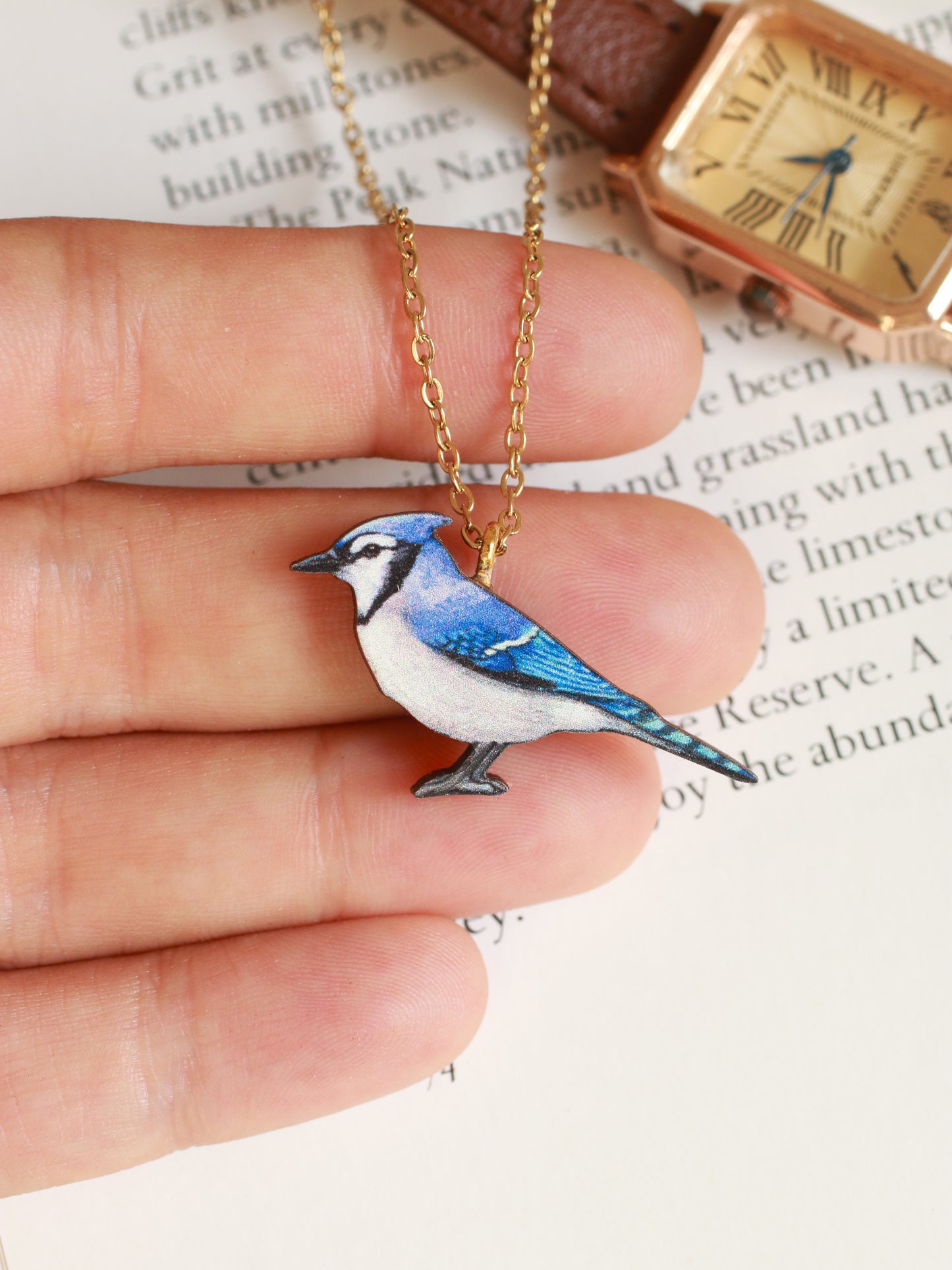 Blue jay necklace - wooden bird pendant