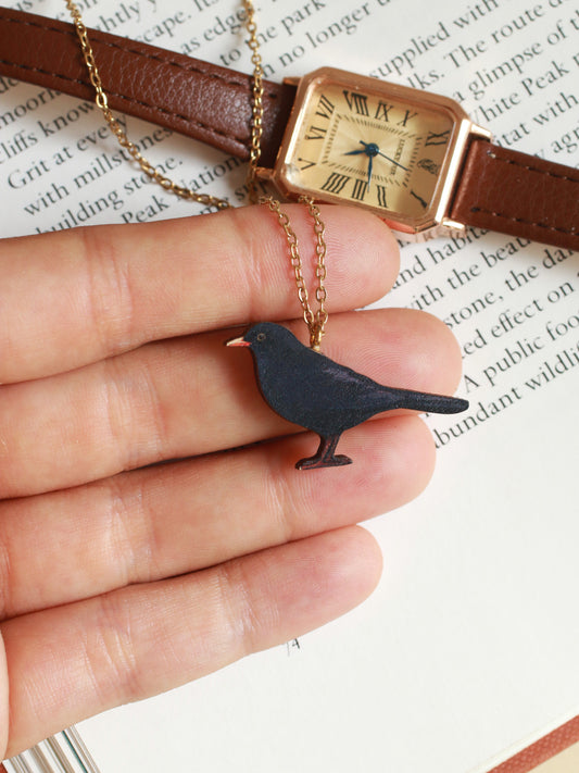Black bird necklace - wooden bird pendant
