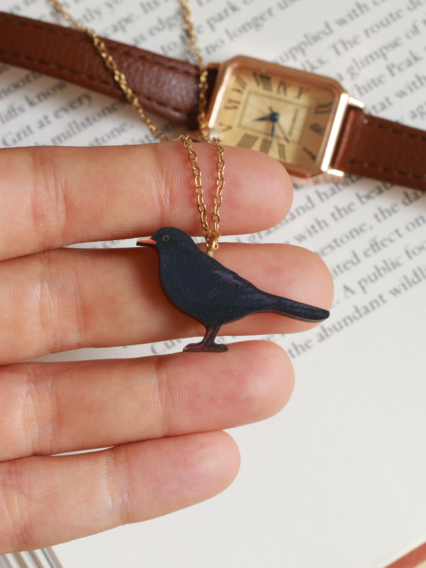 Black bird necklace - wooden bird pendant