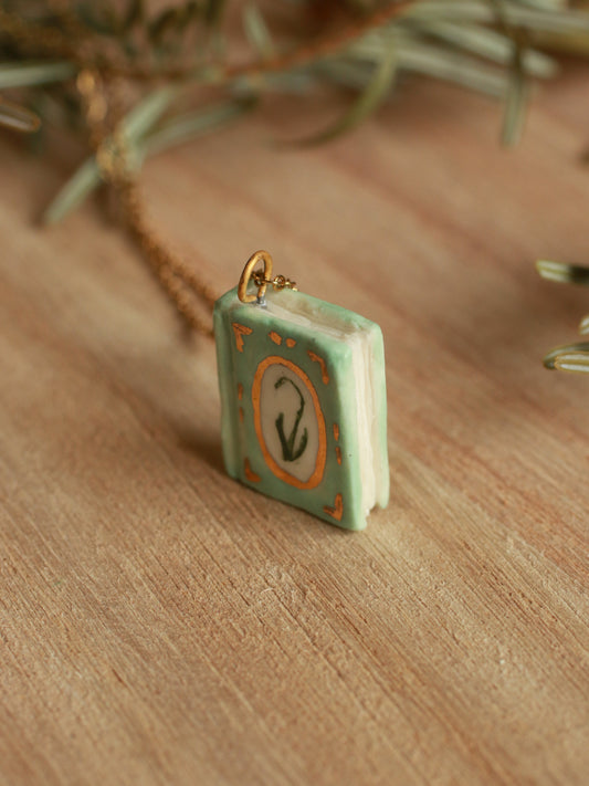 Flower book necklace - Light green book