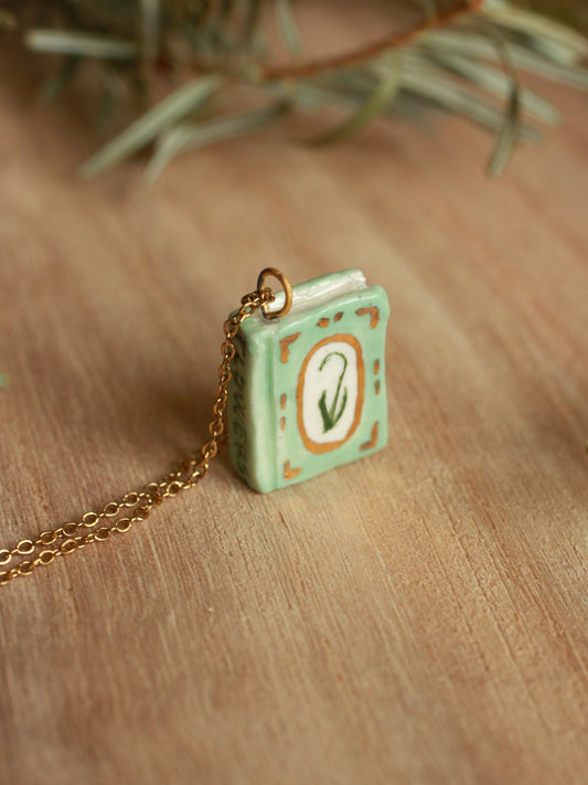 Flower book necklace - Light green book