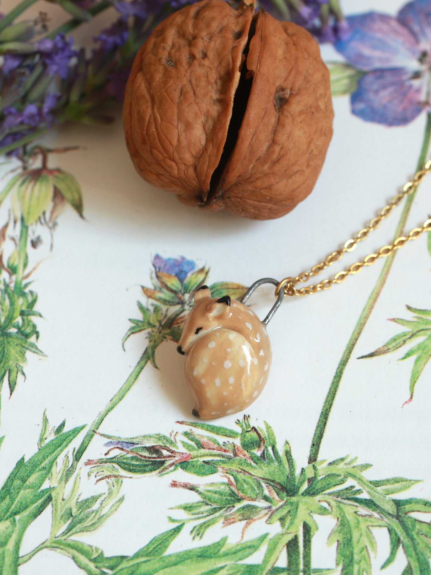 Sleeping Fawn necklace in a walnut box
