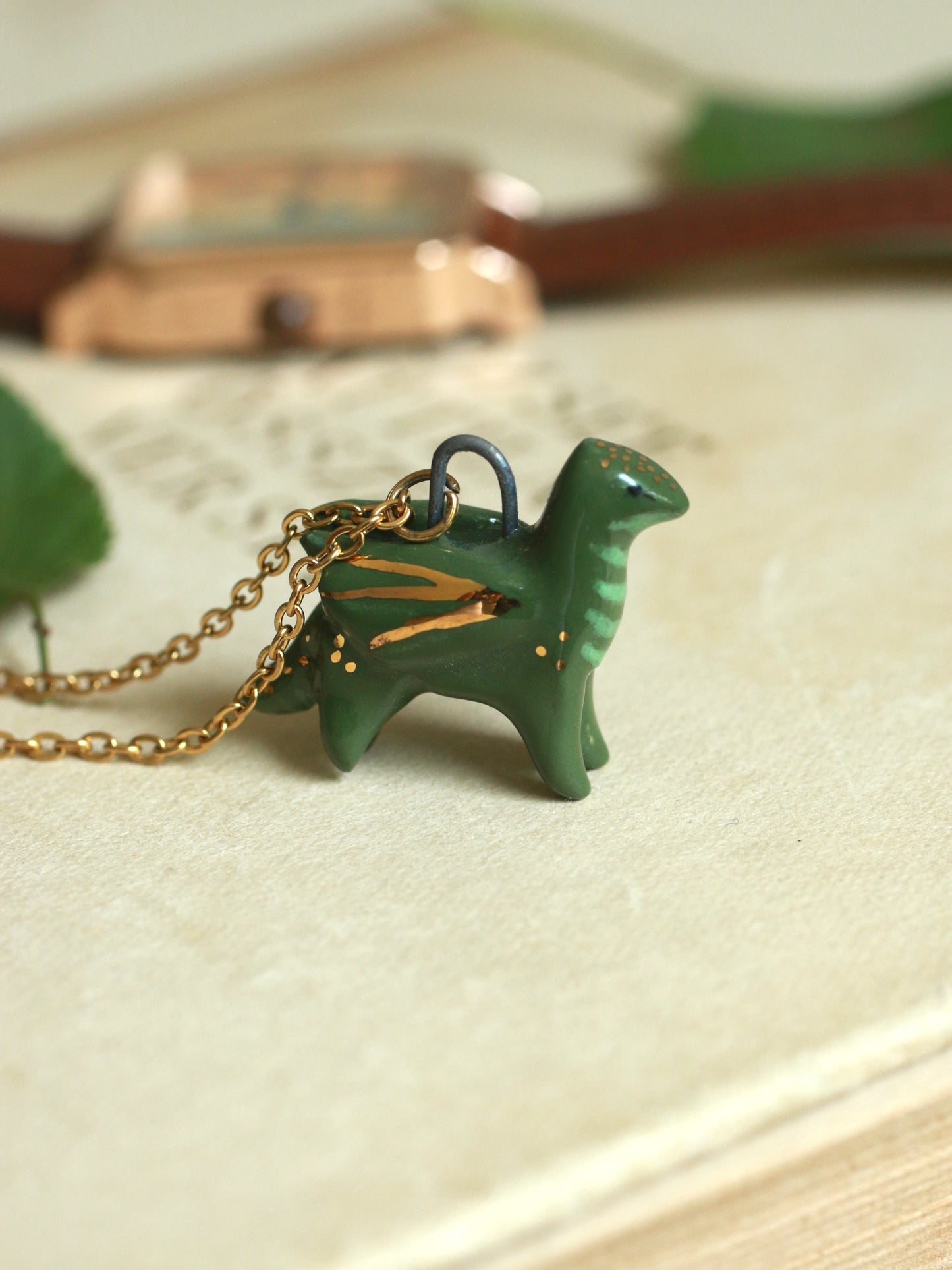 Ceramic dragon necklace -  22k gold details