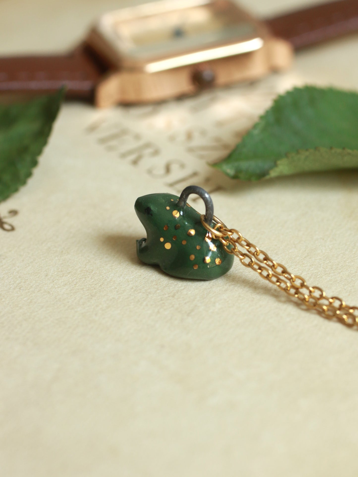 Ceramic Frog necklace - 22k gold details