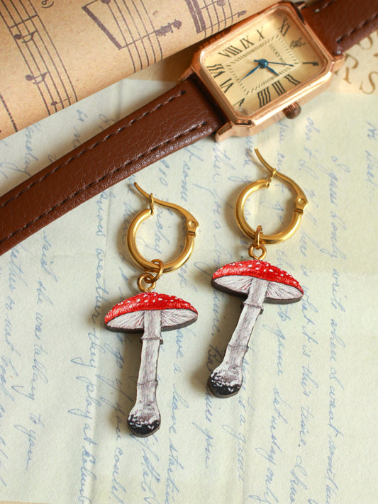 Fly-agaric wooden mushroom earrings