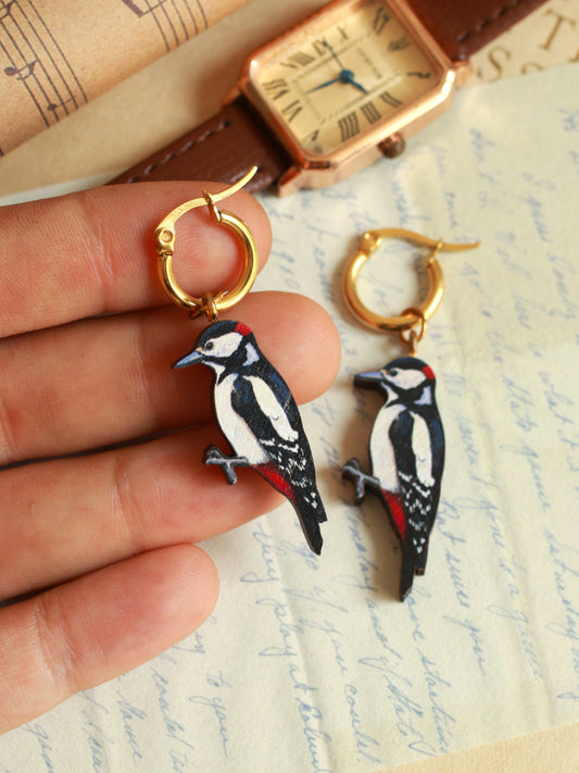 Woodpecker earrings - wooden bird hoop earrings