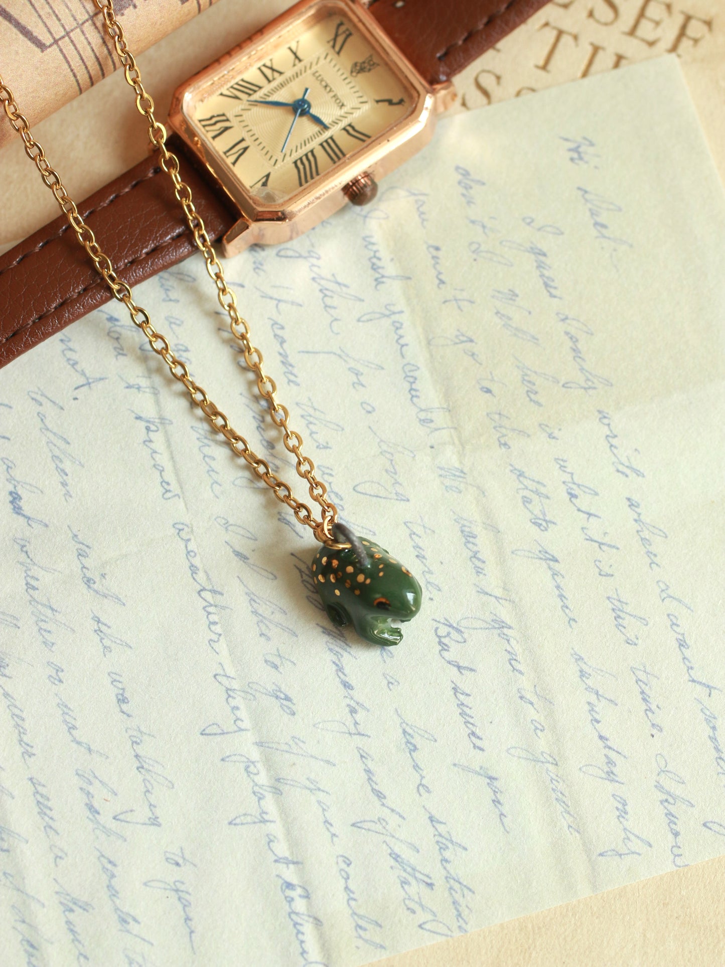 Ceramic Frog necklace - 22k gold details