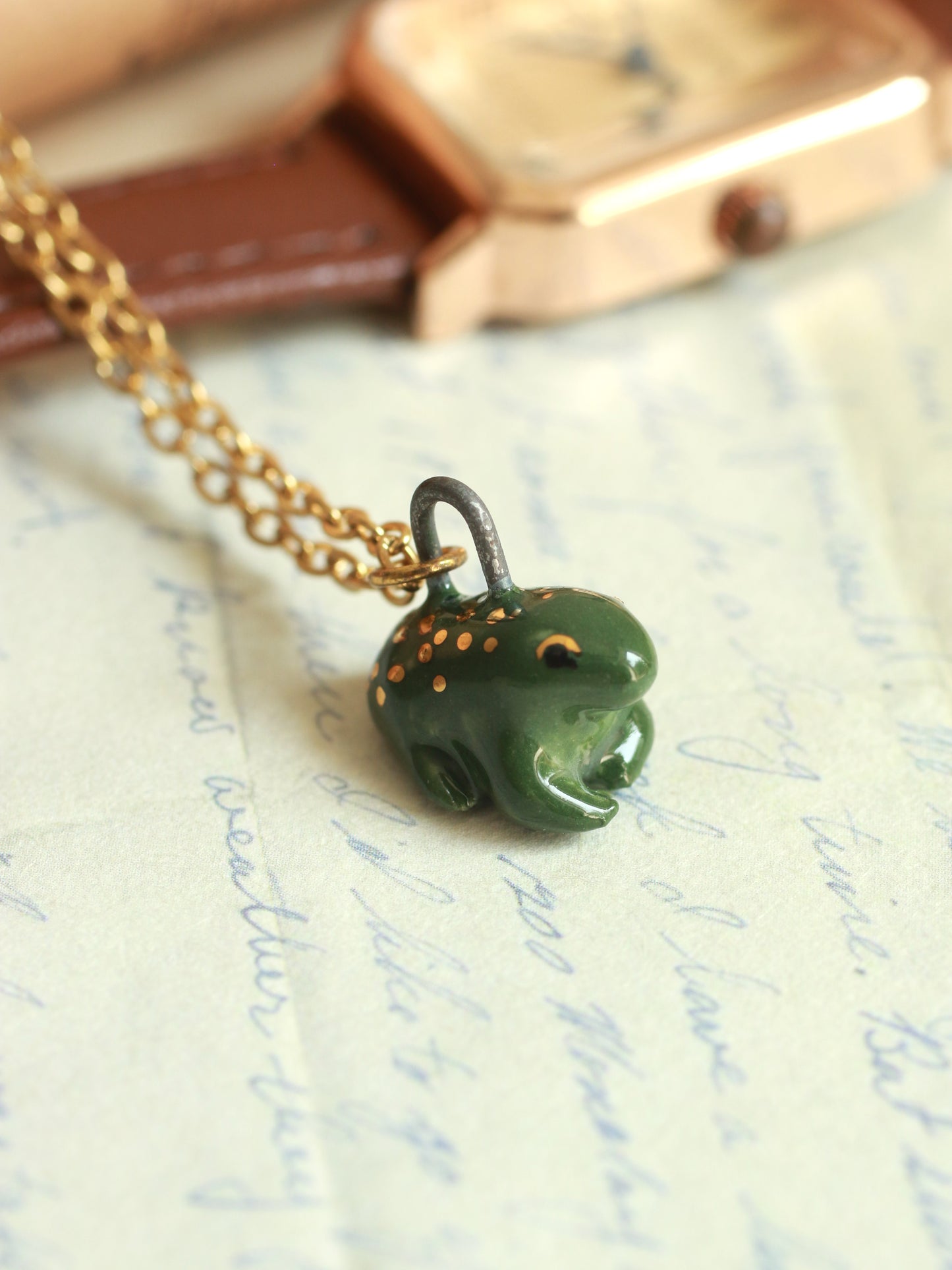 Ceramic Frog necklace - 22k gold details