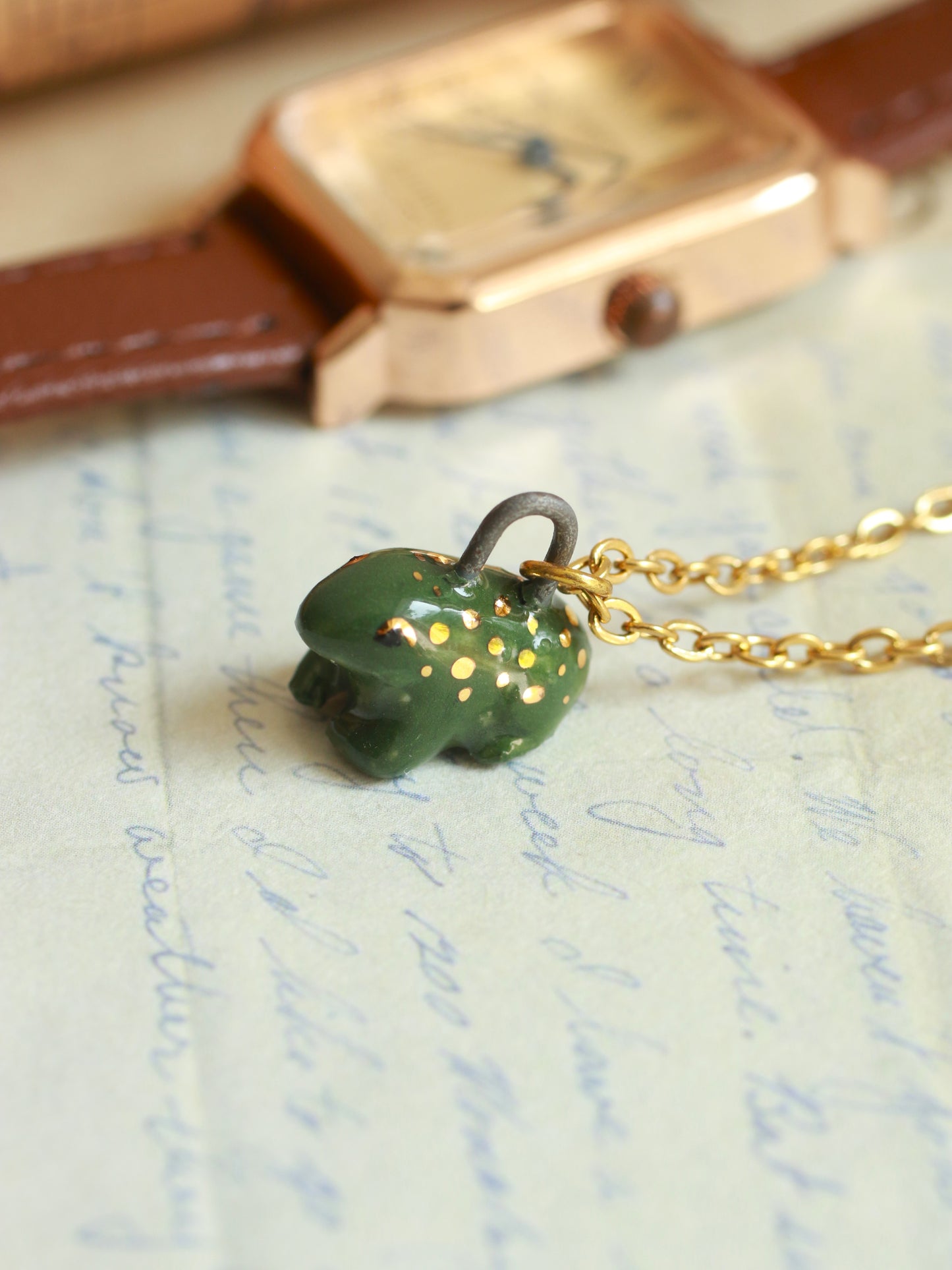 Ceramic Frog necklace - 22k gold details