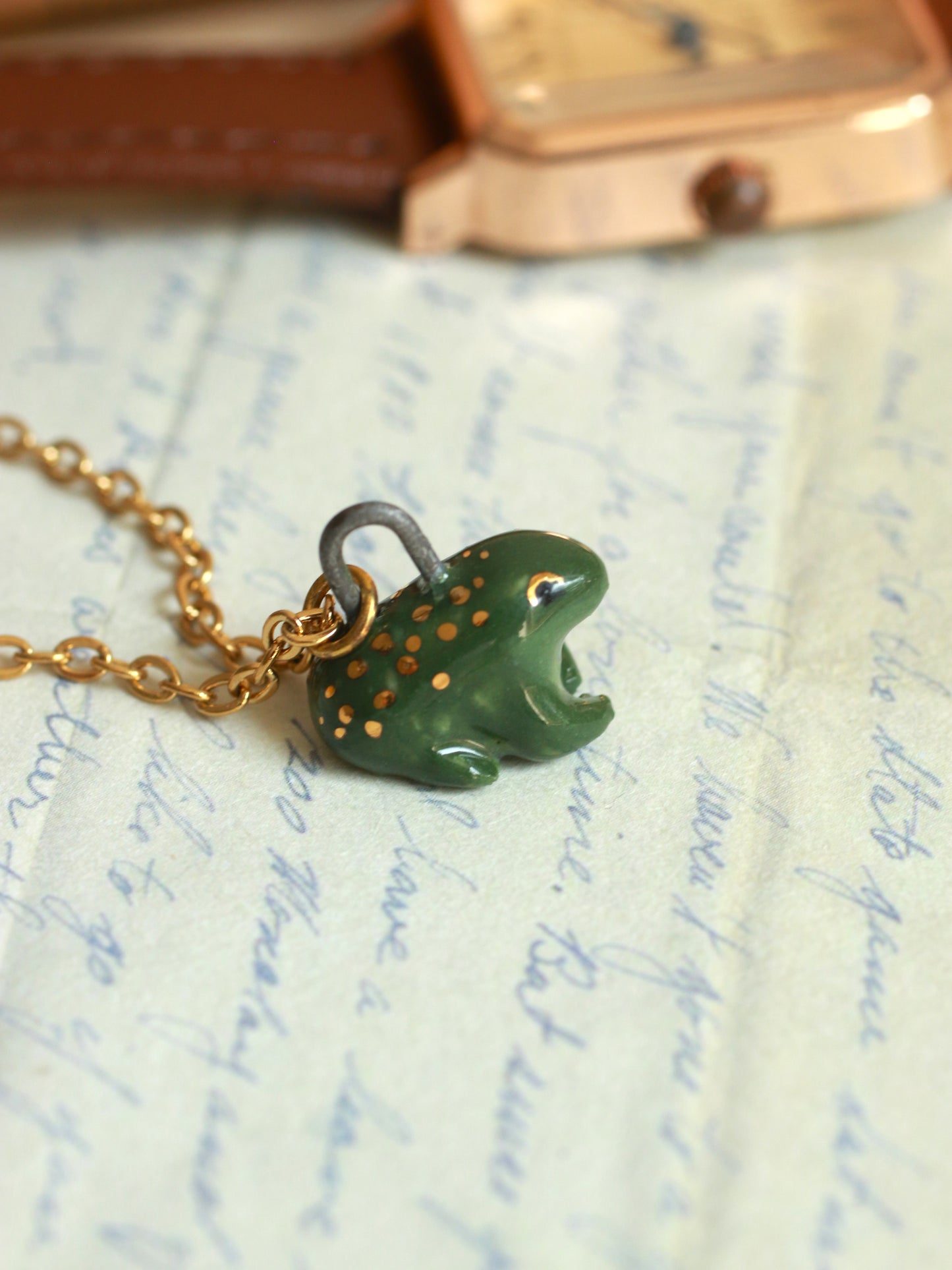 Ceramic Frog necklace - 22k gold details